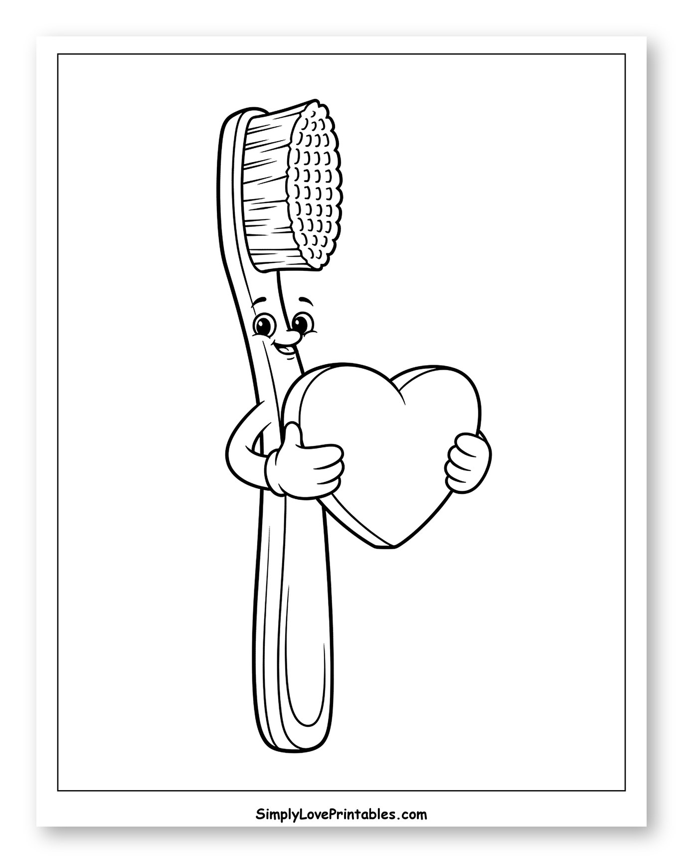 Friendly Toothbrush Holding a Large Heart to Color for Toddlers
