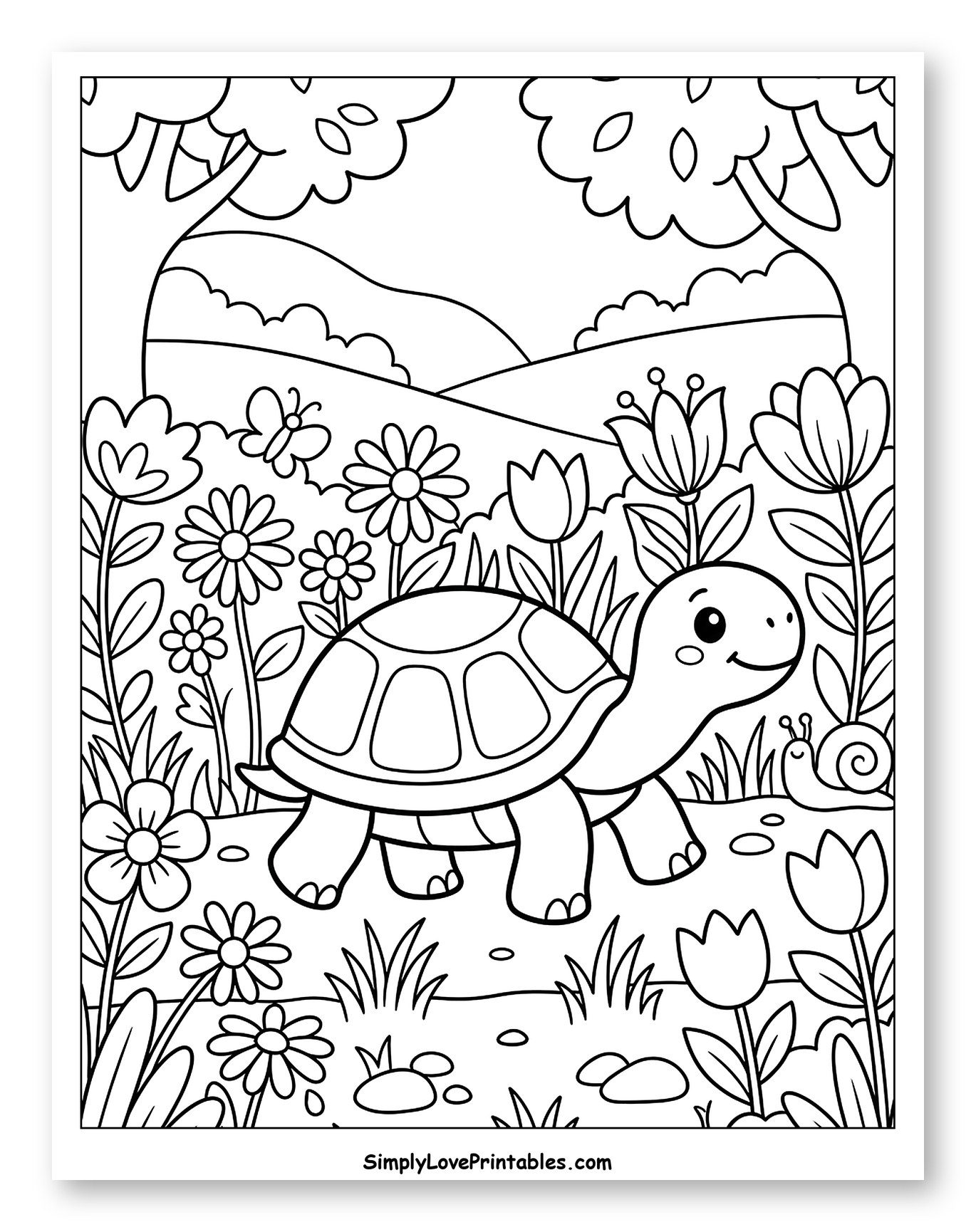 Friendly Tortoise Walking Past Flowers Coloring Sheet for Kids