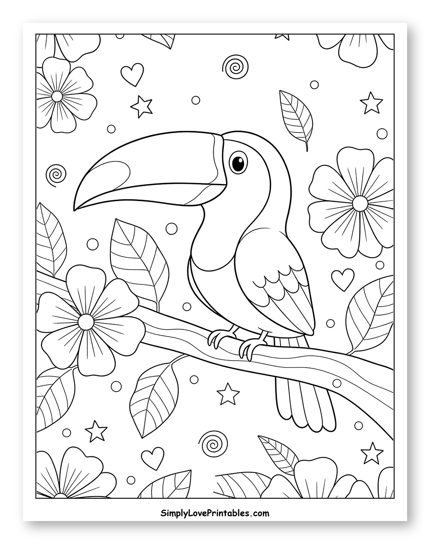 Friendly Toucan on Branch with Tropical Flowers Coloring Sheet for Adults