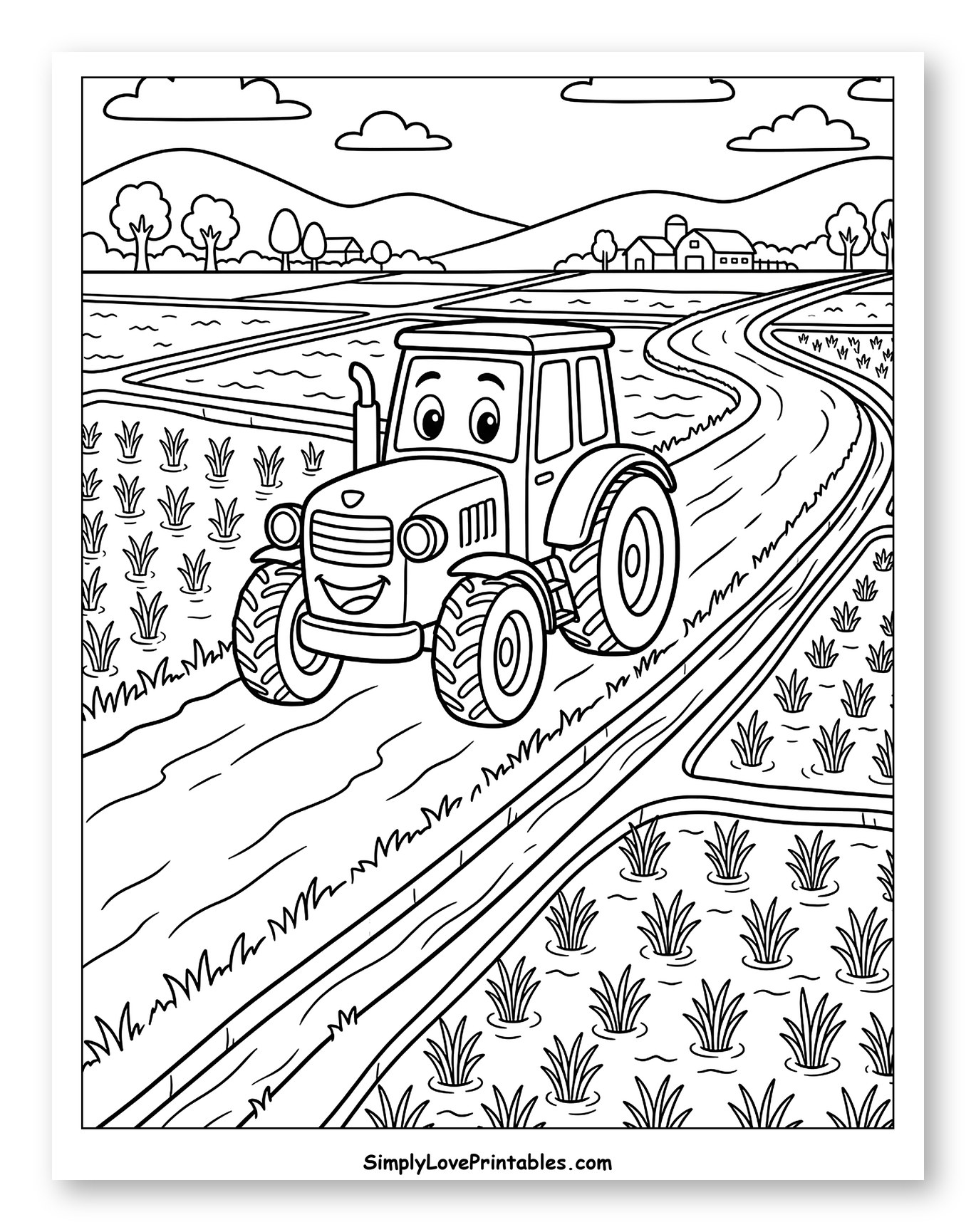 Friendly Tractor Driving Through Rice Paddies Coloring Page for Kids