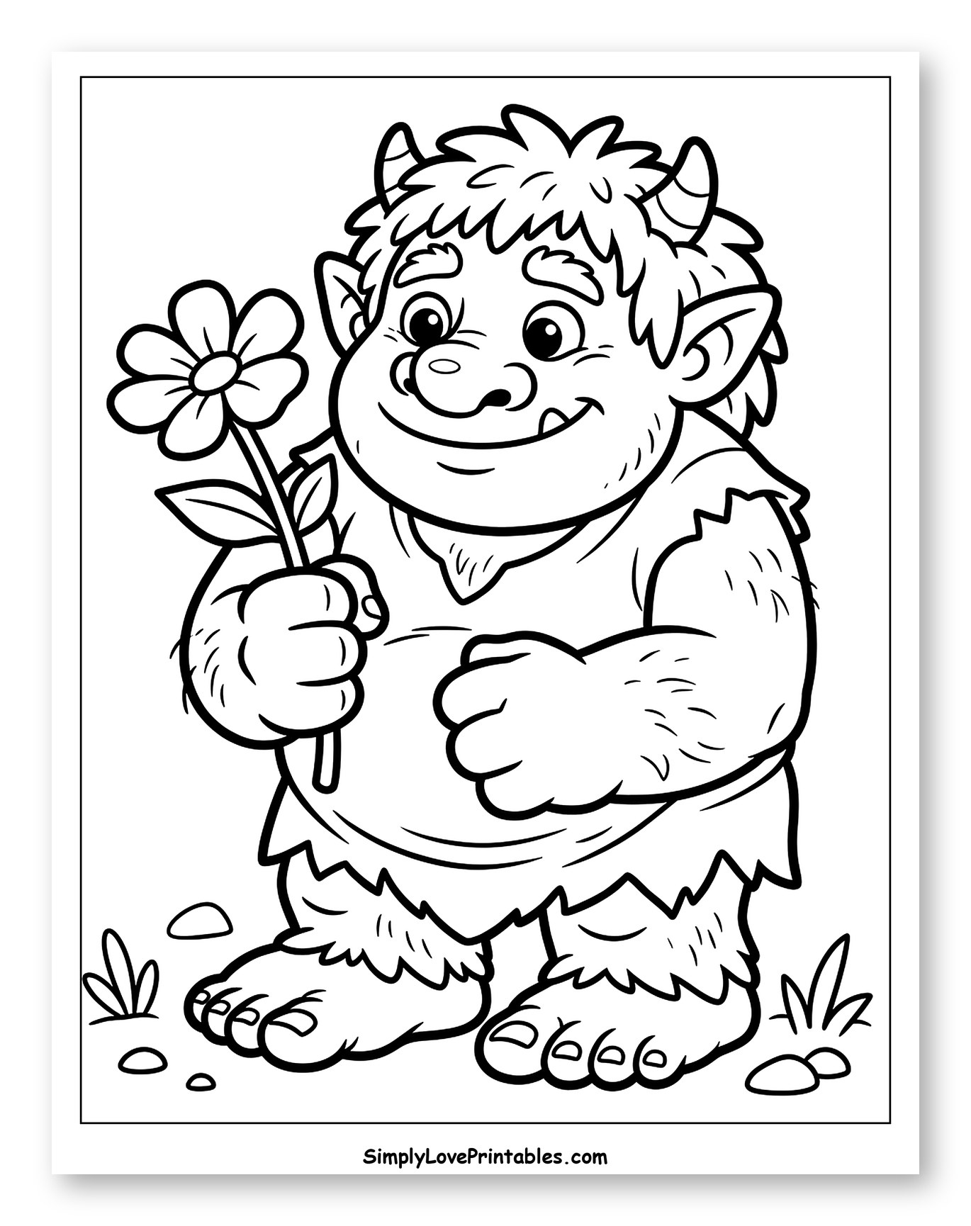 Friendly Troll Holding a Flower to Color for Toddlers