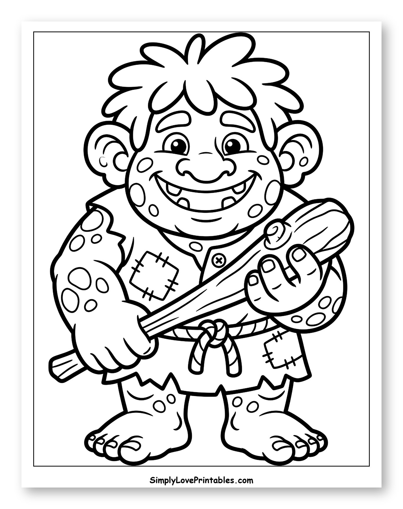 Friendly Troll Holding a Wooden Club Coloring Sheet for Toddlers