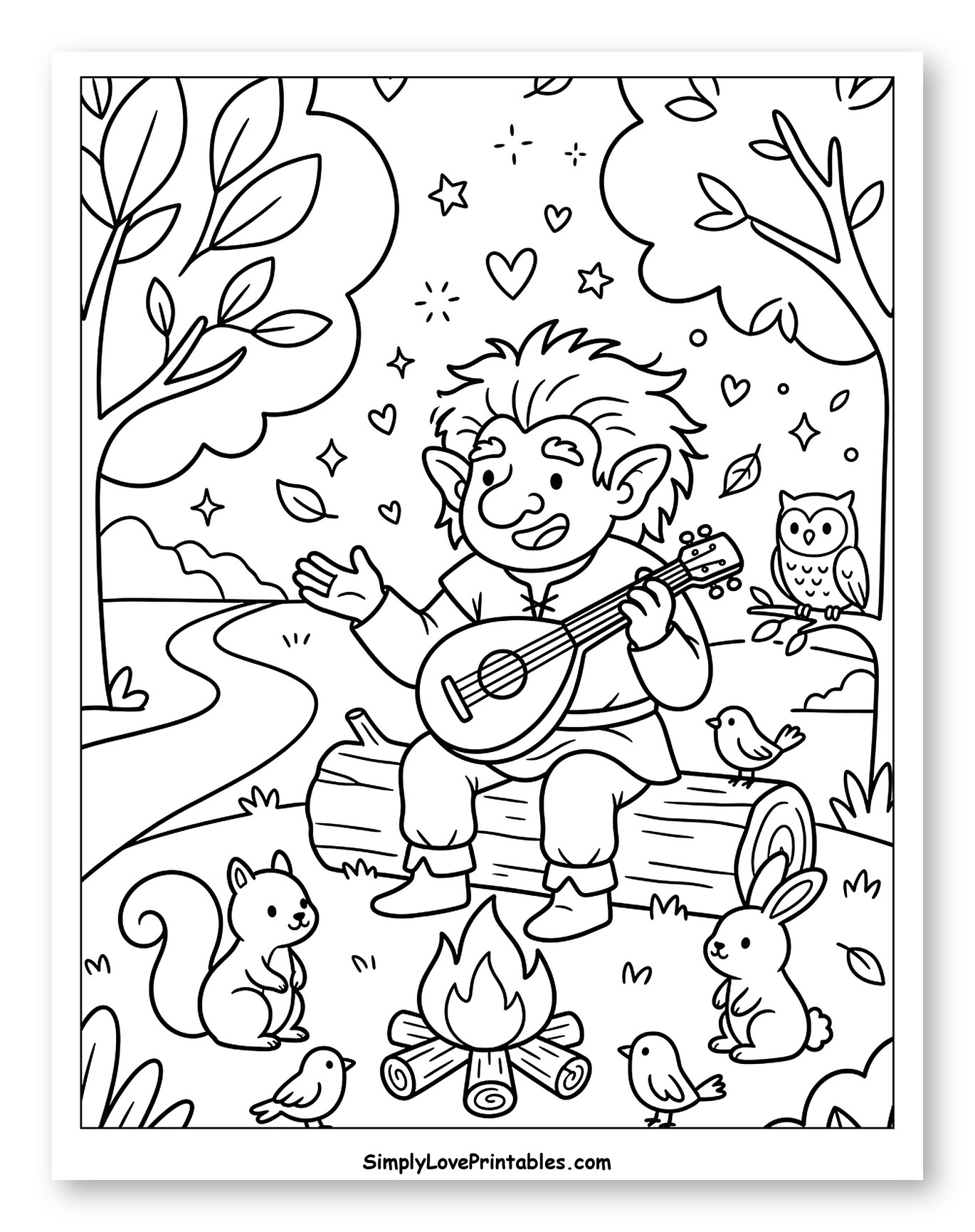 Friendly Troll Playing Lute by a Campfire Coloring Page for Adults