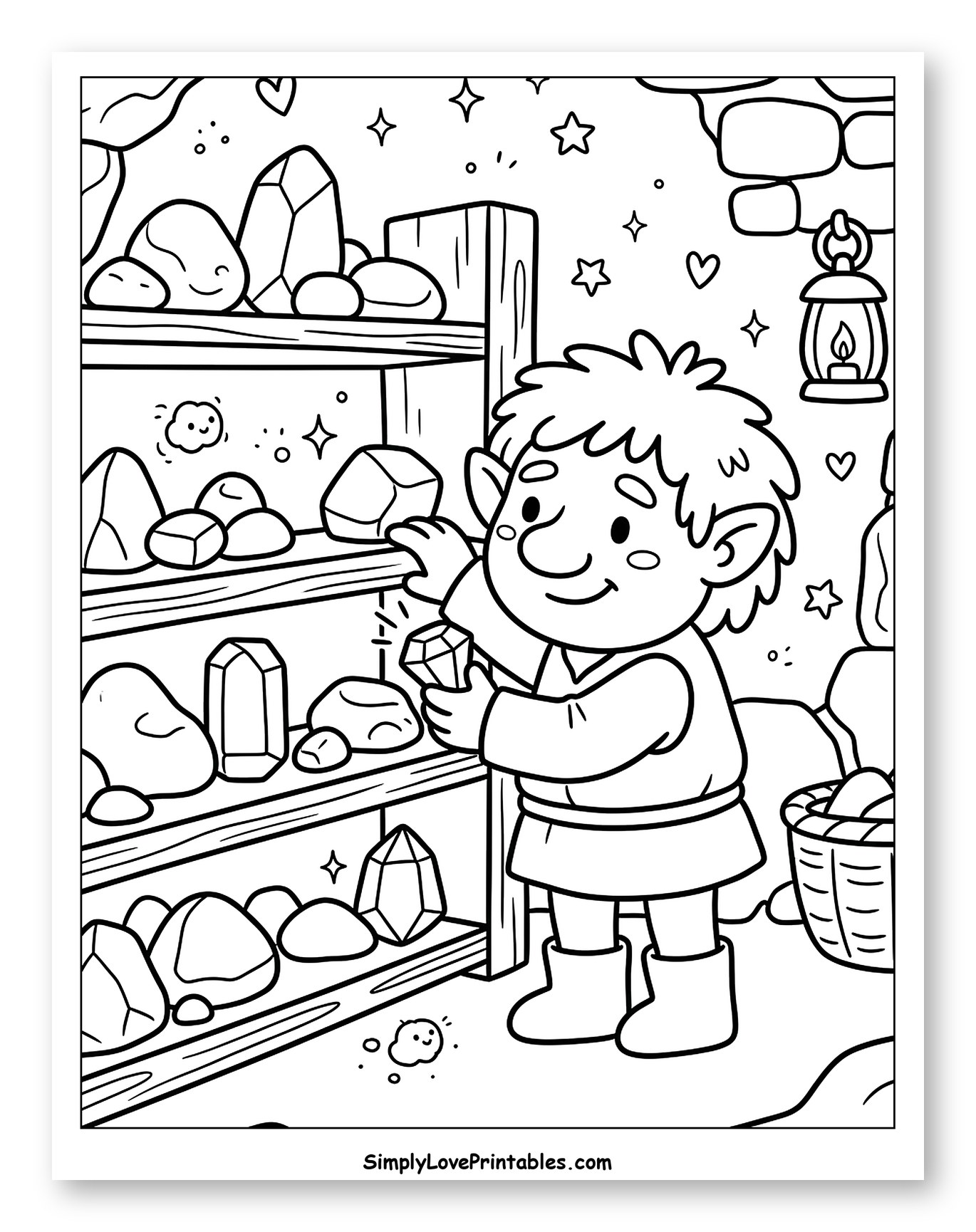 Friendly Troll Sorting Gems in a Mine Coloring Page for Adults