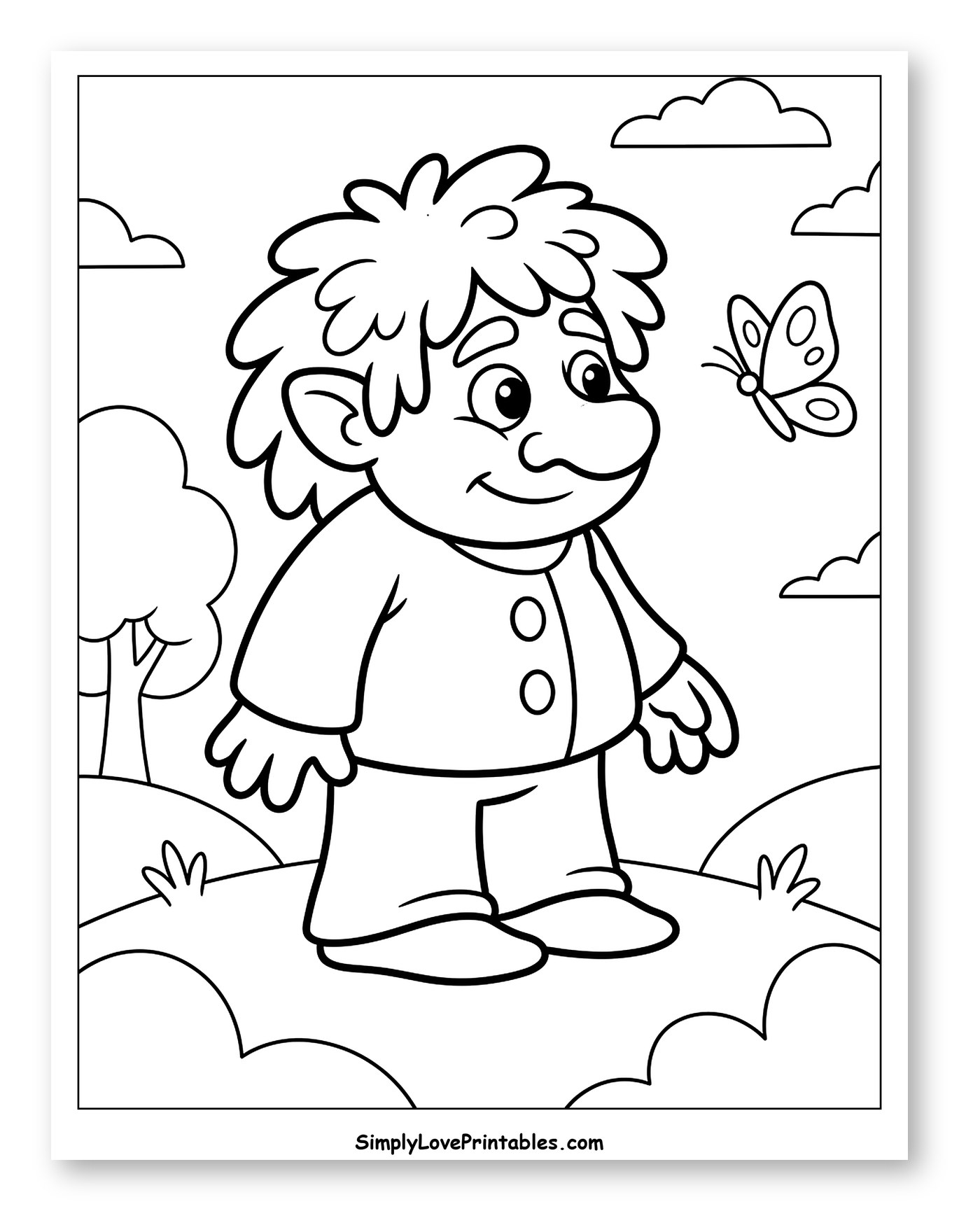 Friendly Troll Watching a Butterfly in Nature Coloring Page for Toddlers