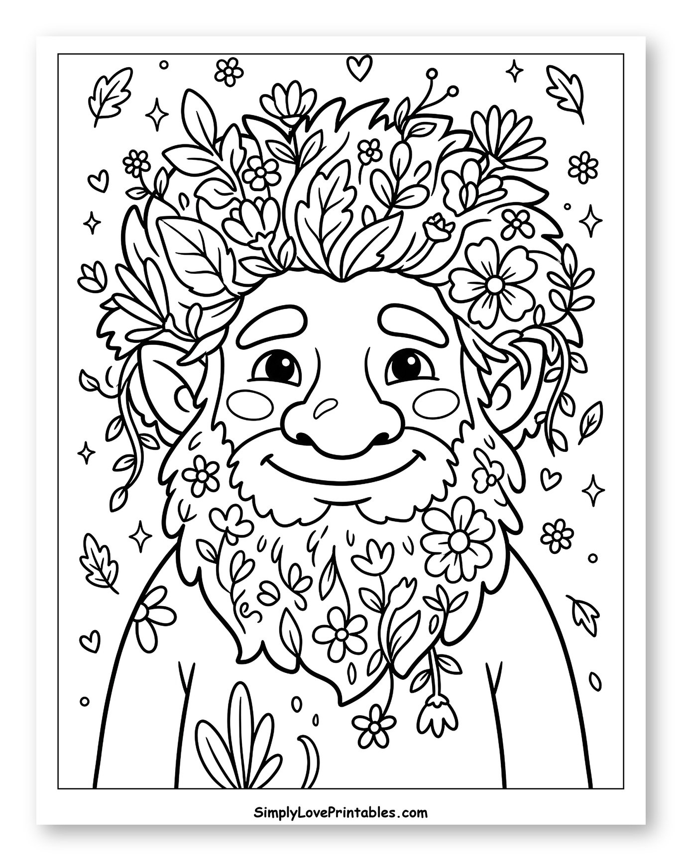 Friendly Troll with Flowery Beard and Hair Coloring Page for Adults
