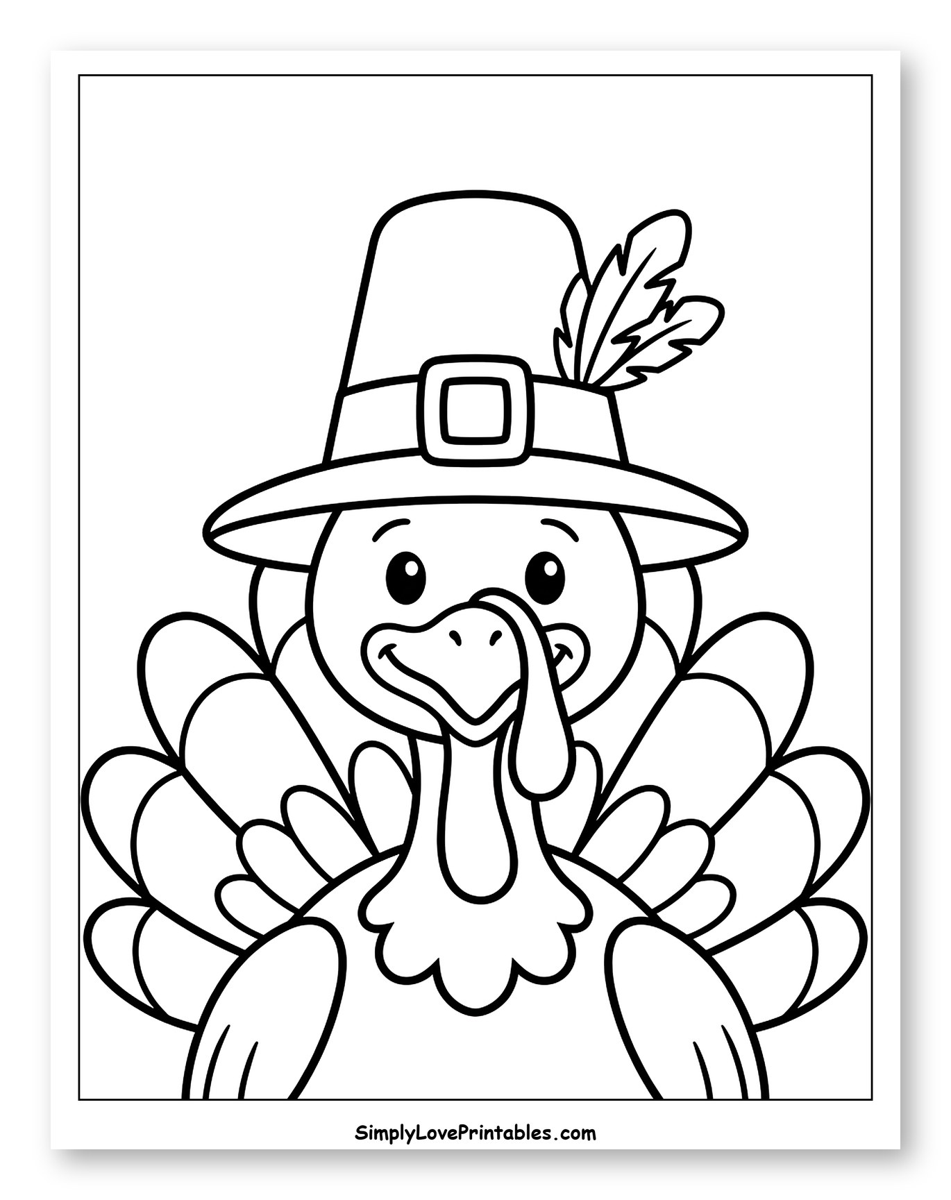 Friendly Turkey Wearing a Pilgrim Hat Coloring Page for Toddlers
