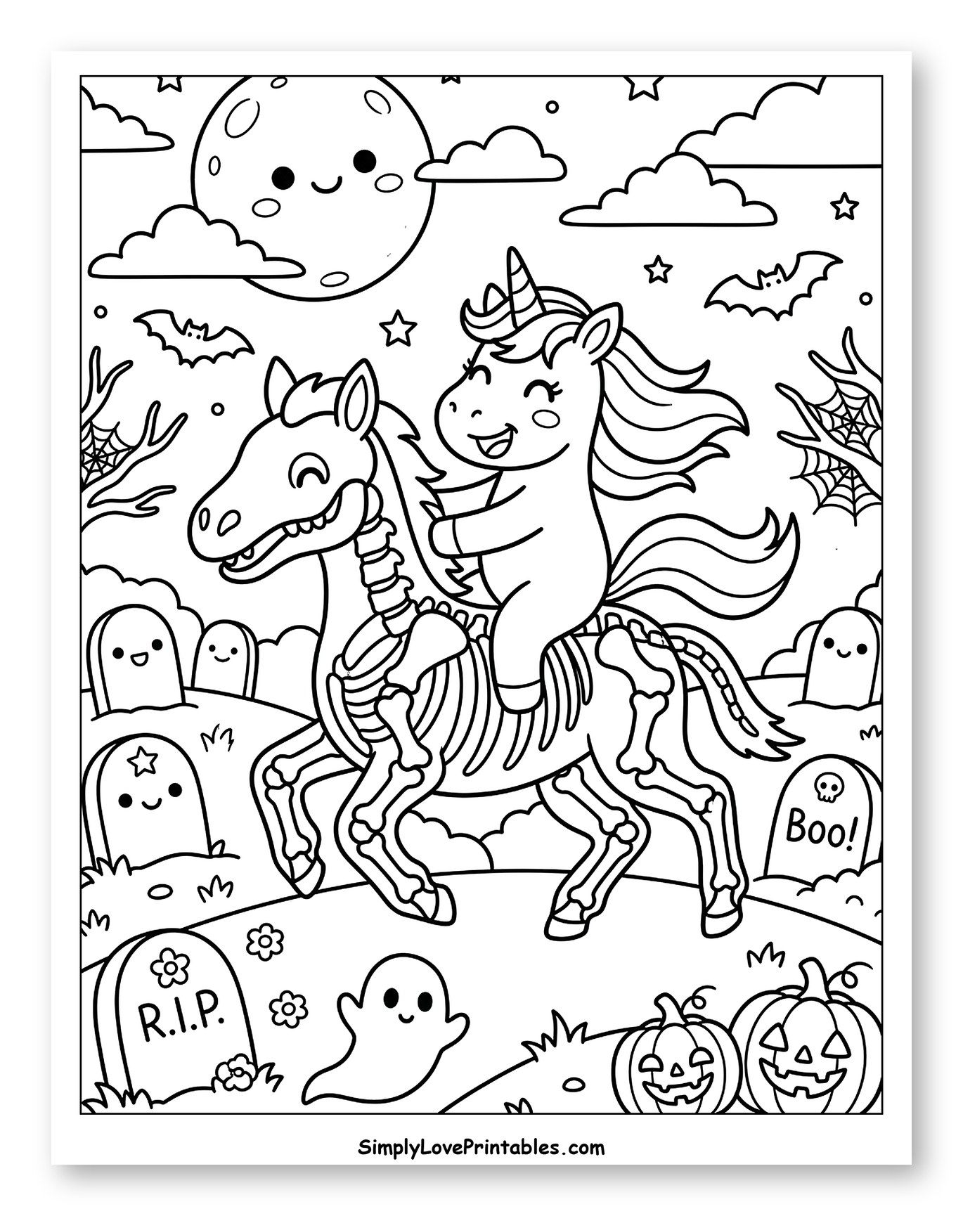 Friendly Unicorn Riding Skeleton Horse Through Graveyard