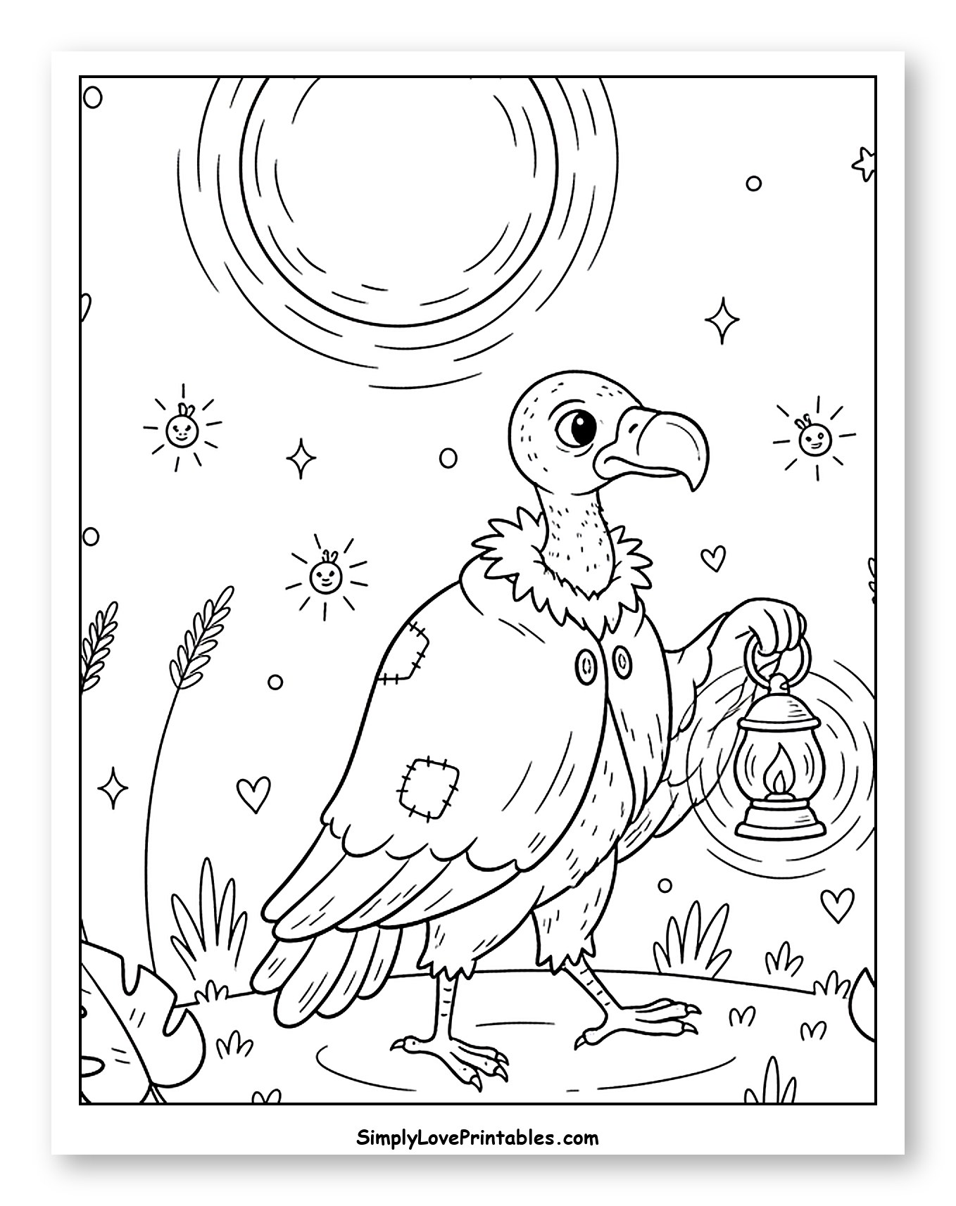 Friendly Vulture Carrying a Bright Lantern Coloring Page for Adults