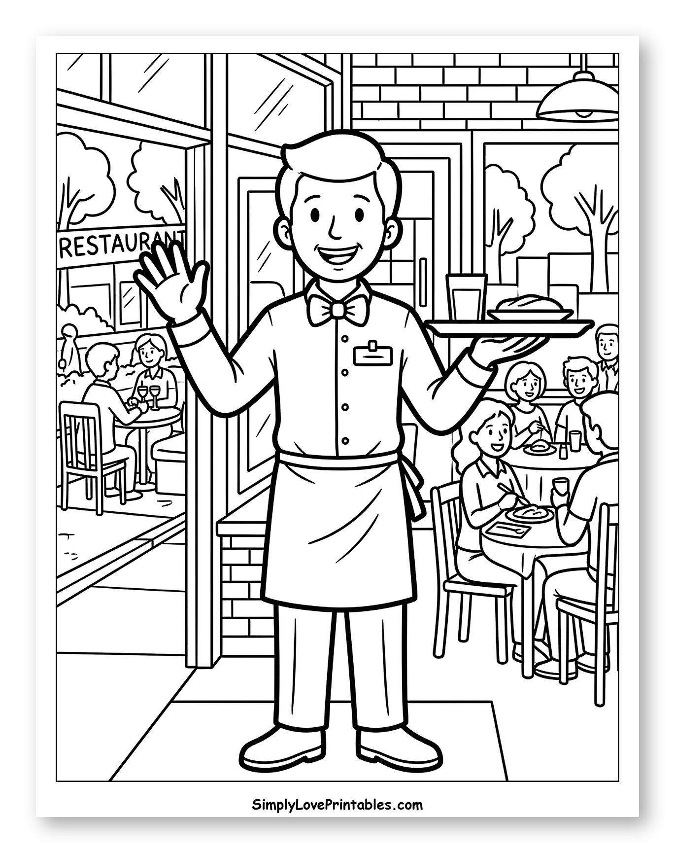 Friendly Waiter Greets Diners at Restaurant to Color for Toddlers