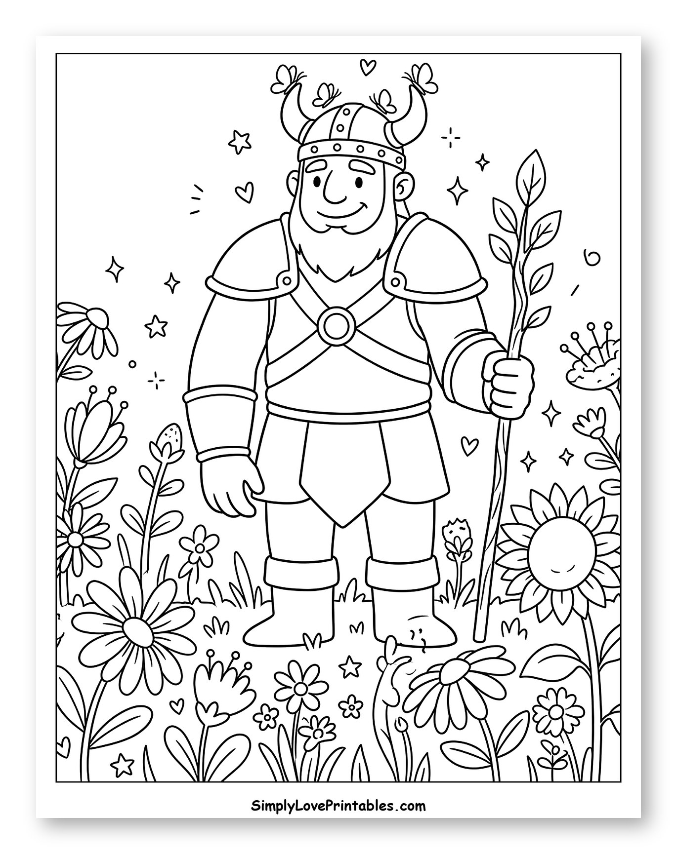 Friendly Warrior in a Field of Blossoms Coloring Sheet for Adults