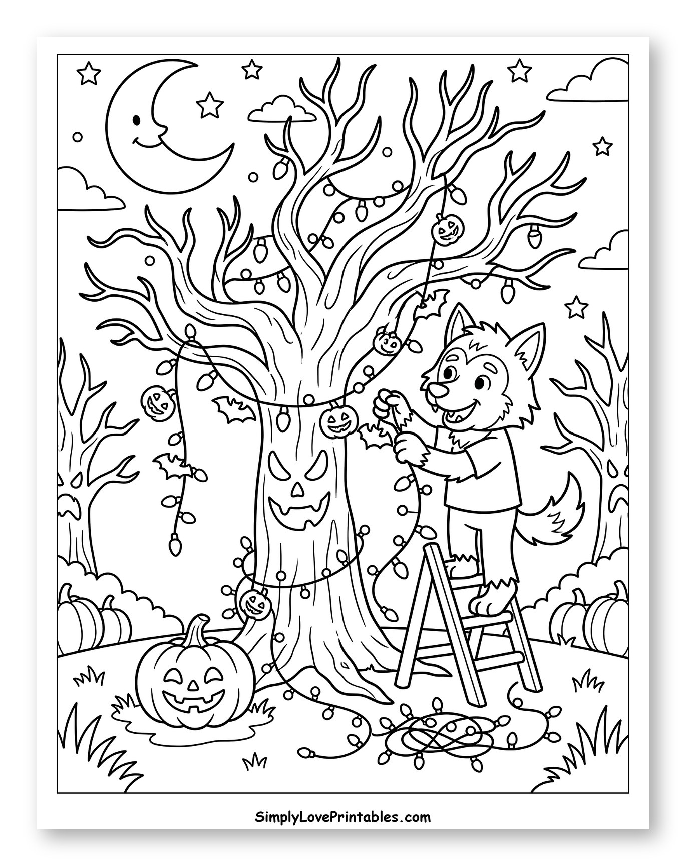 Friendly Werewolf Decorating a Spooky Halloween Tree