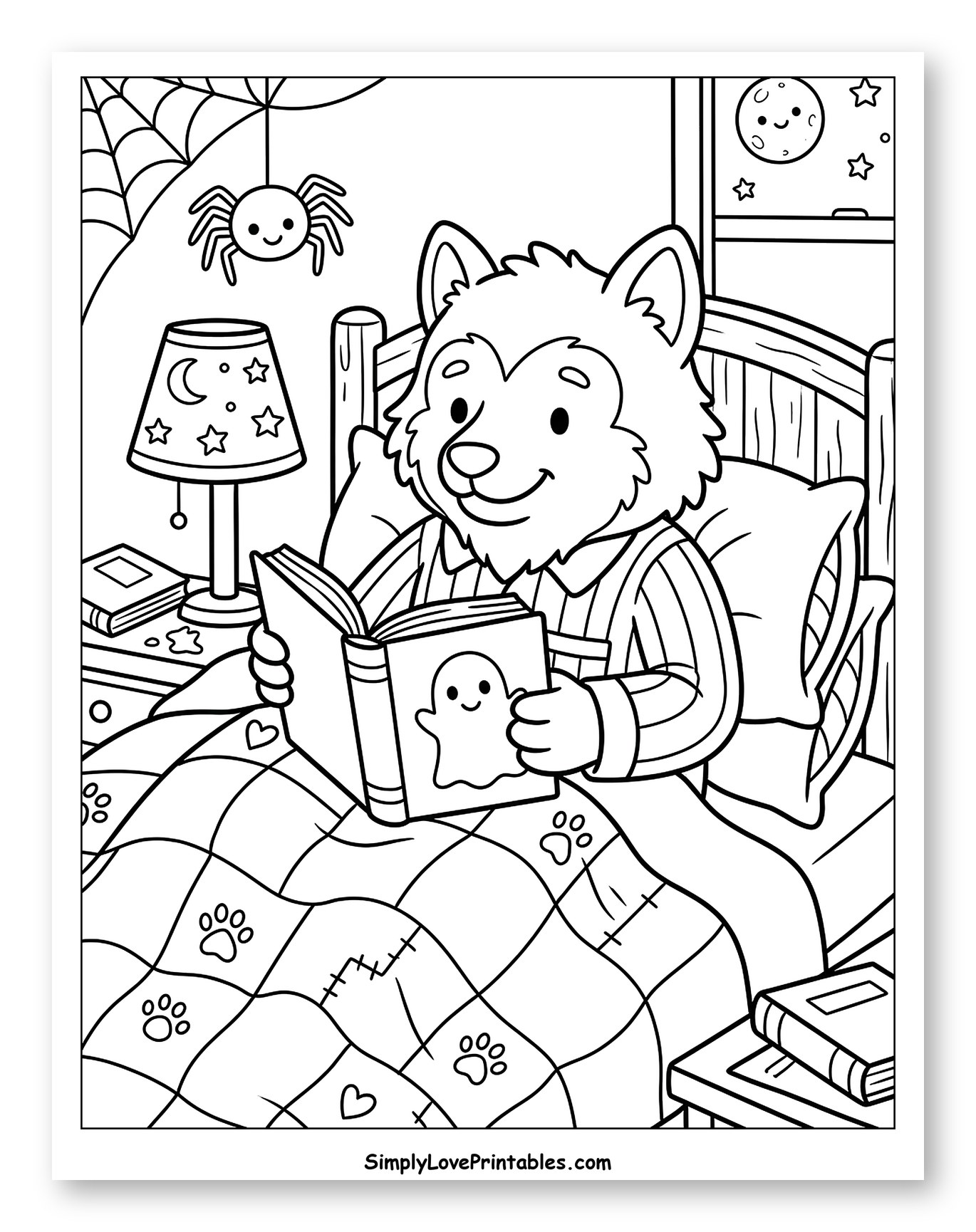 Friendly Werewolf Reading Spooky Bedtime Story Coloring Page for Kids