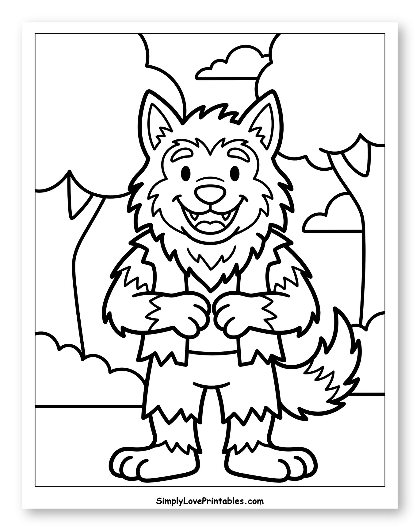 Friendly Werewolf Standing in a Forest to Color for Toddlers