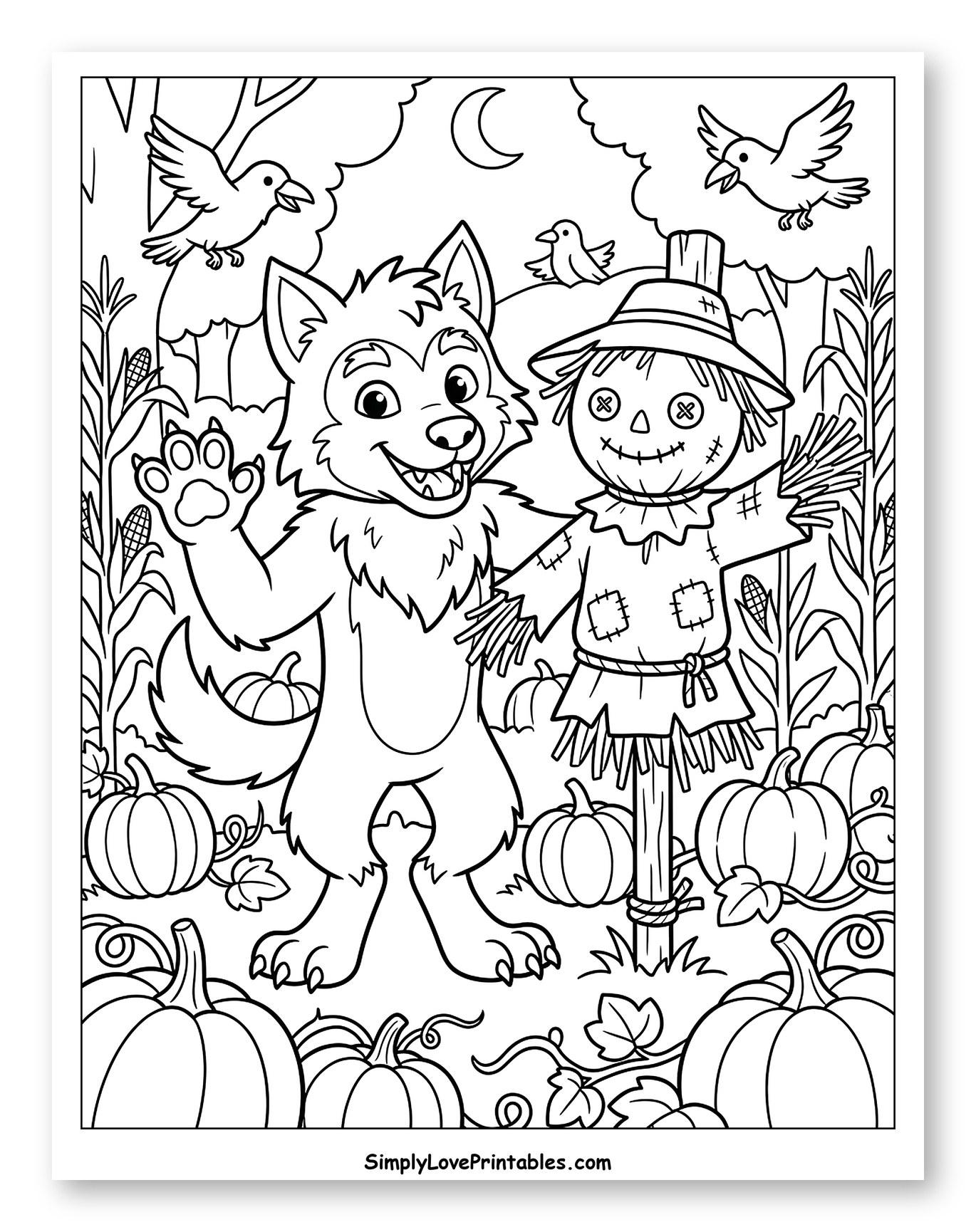 Friendly Werewolf with Scarecrow and Pumpkins