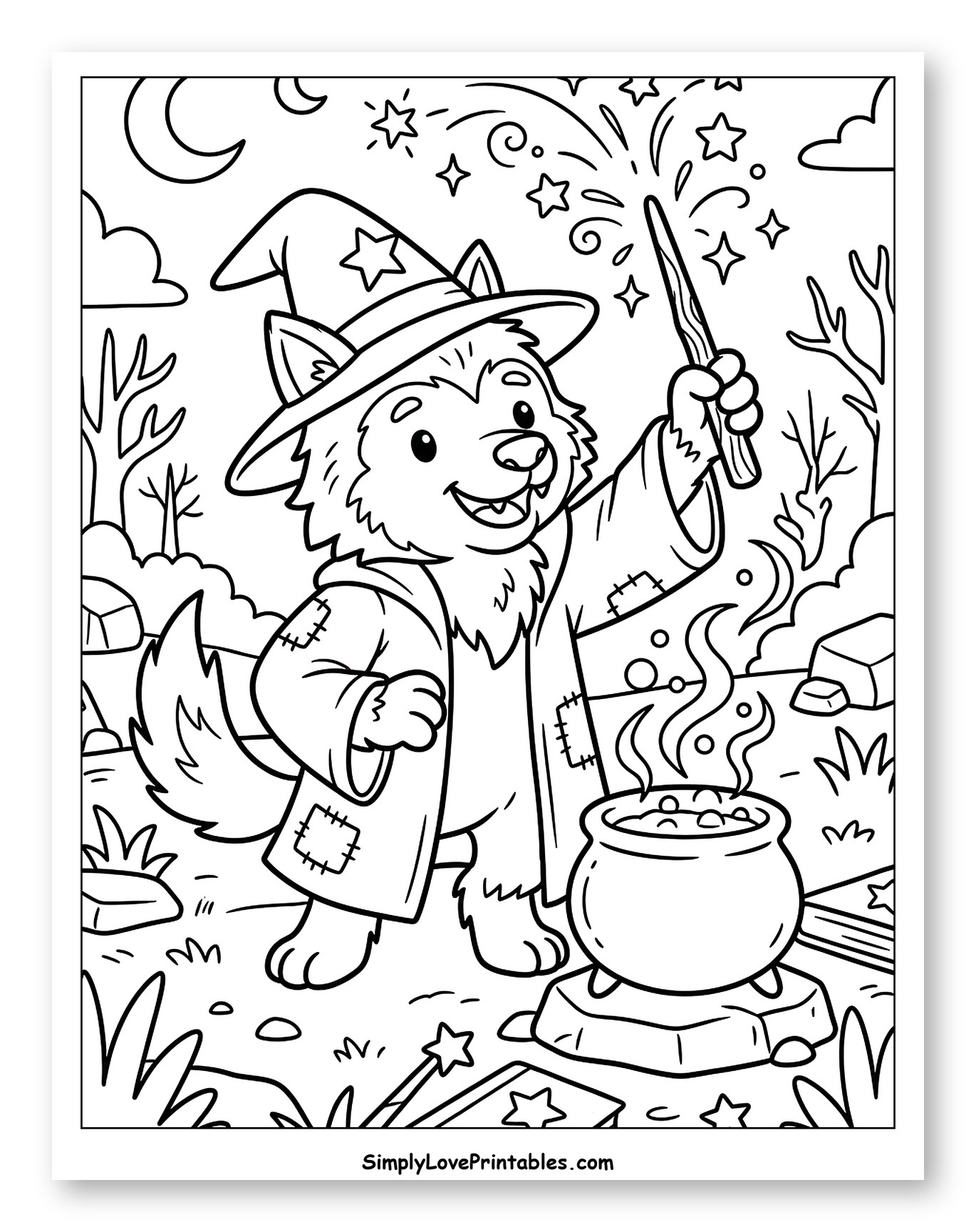 Friendly Werewolf Wizard with Bubbling Cauldron Coloring Sheet for Kids