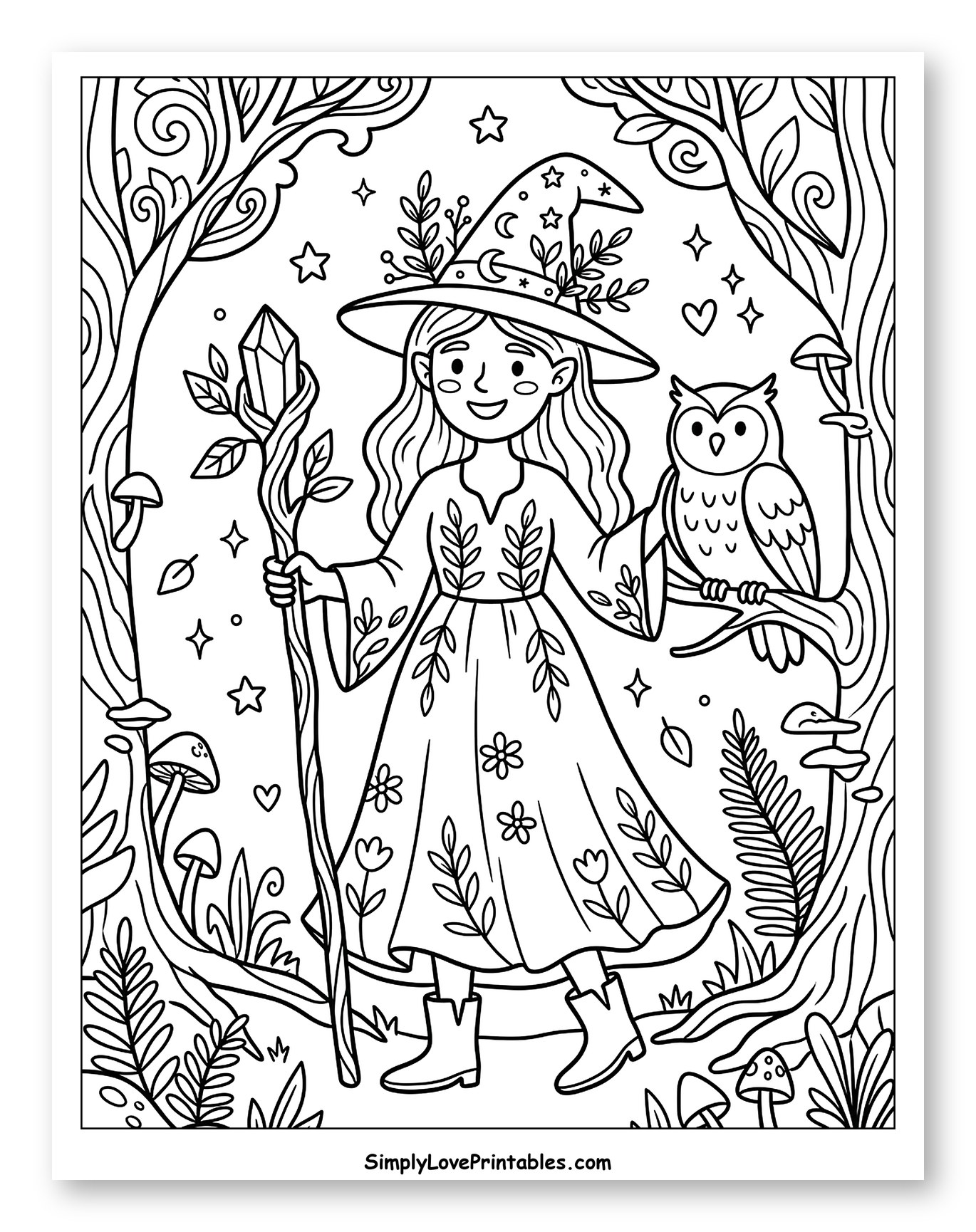 Friendly Witch and Owl in Forest