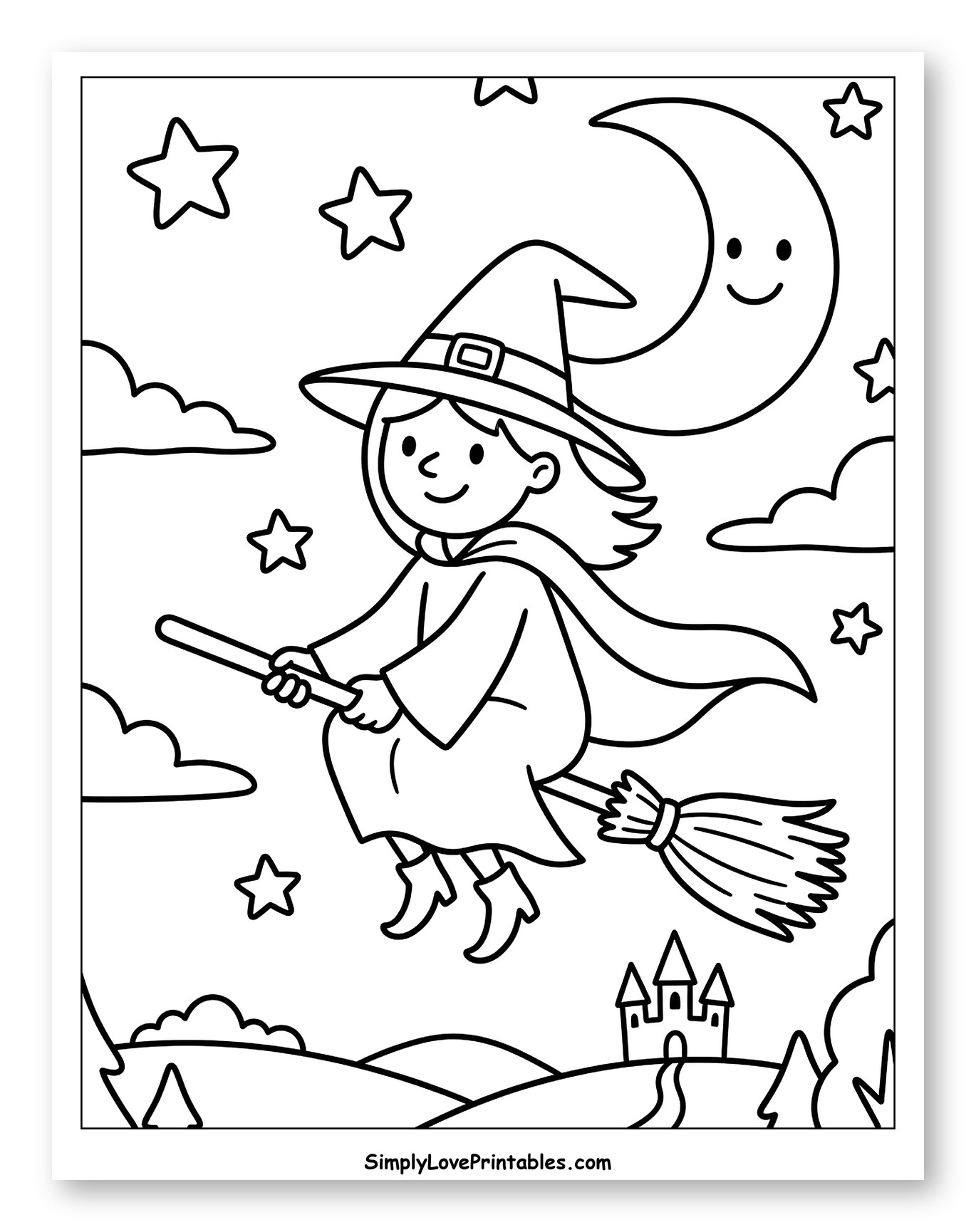 Friendly Witch Flying on a Broomstick to Color for Kids