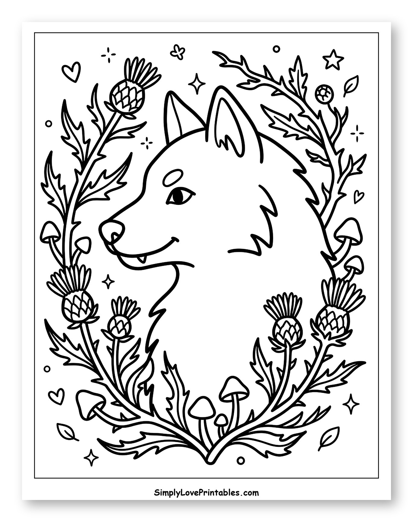 Friendly Wolf Head with Thistle Wreath to Color for Adults