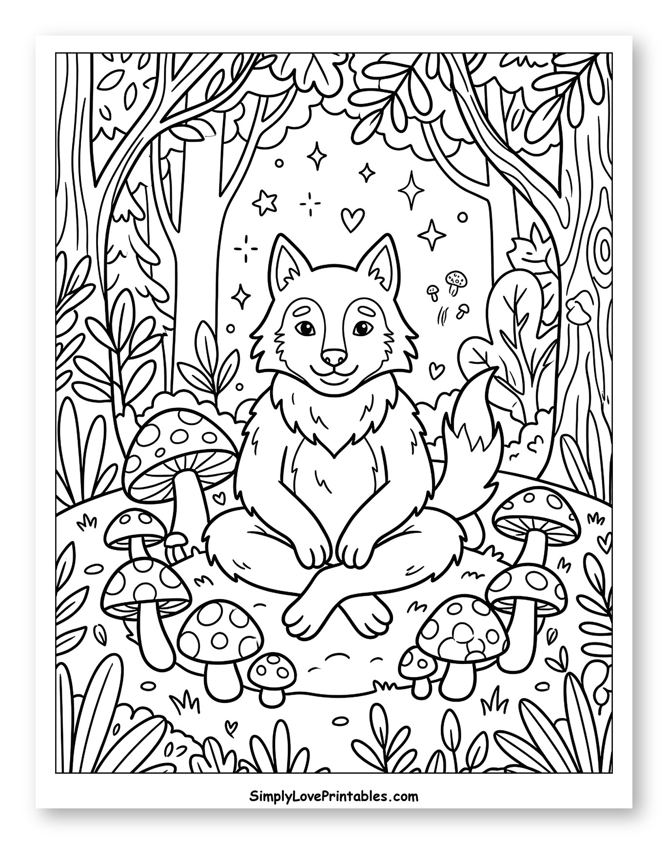Friendly Wolf Sitting Among Mushrooms Coloring Sheet for Adults