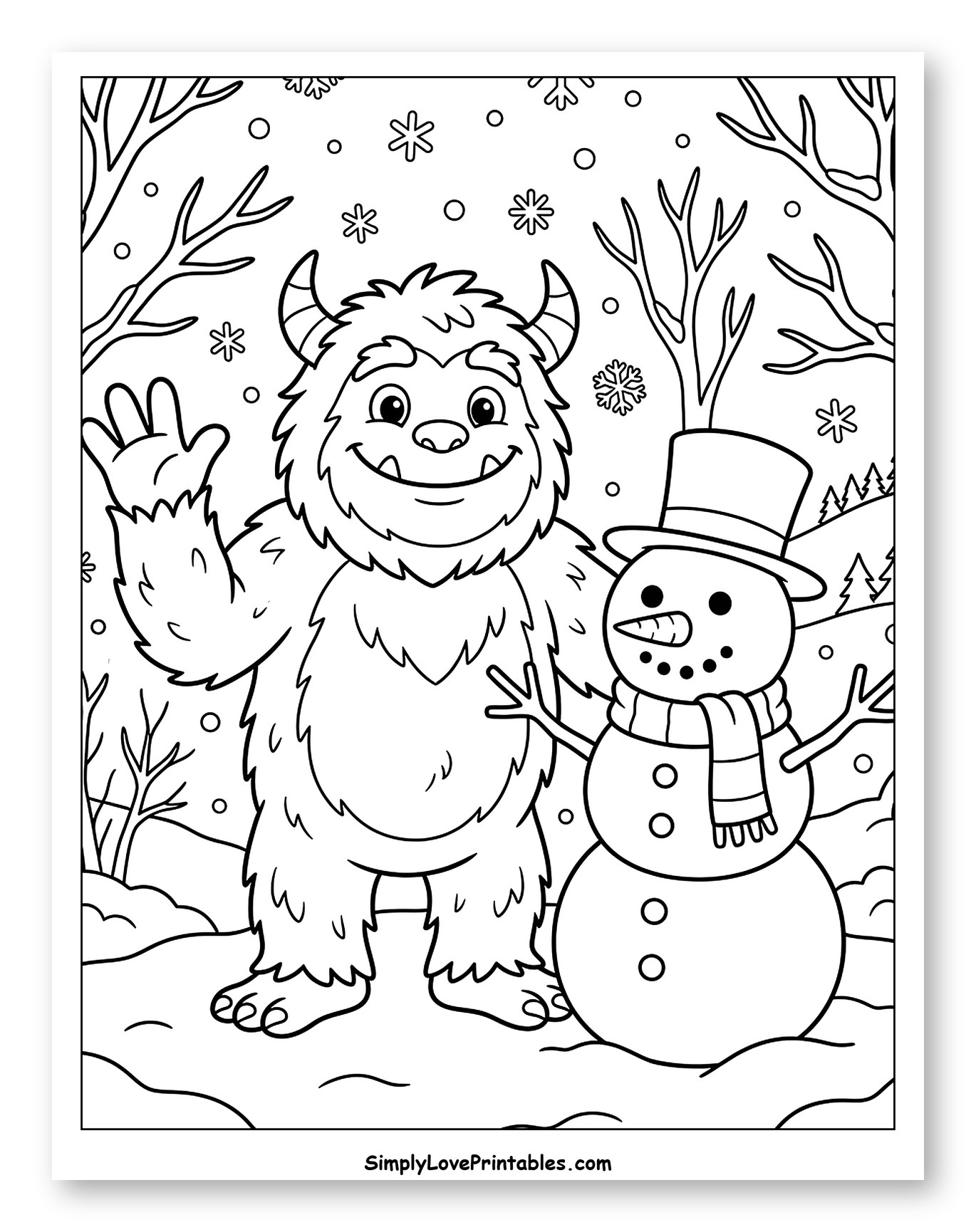 Friendly Yeti and Snowman in Winter to Color for Kids