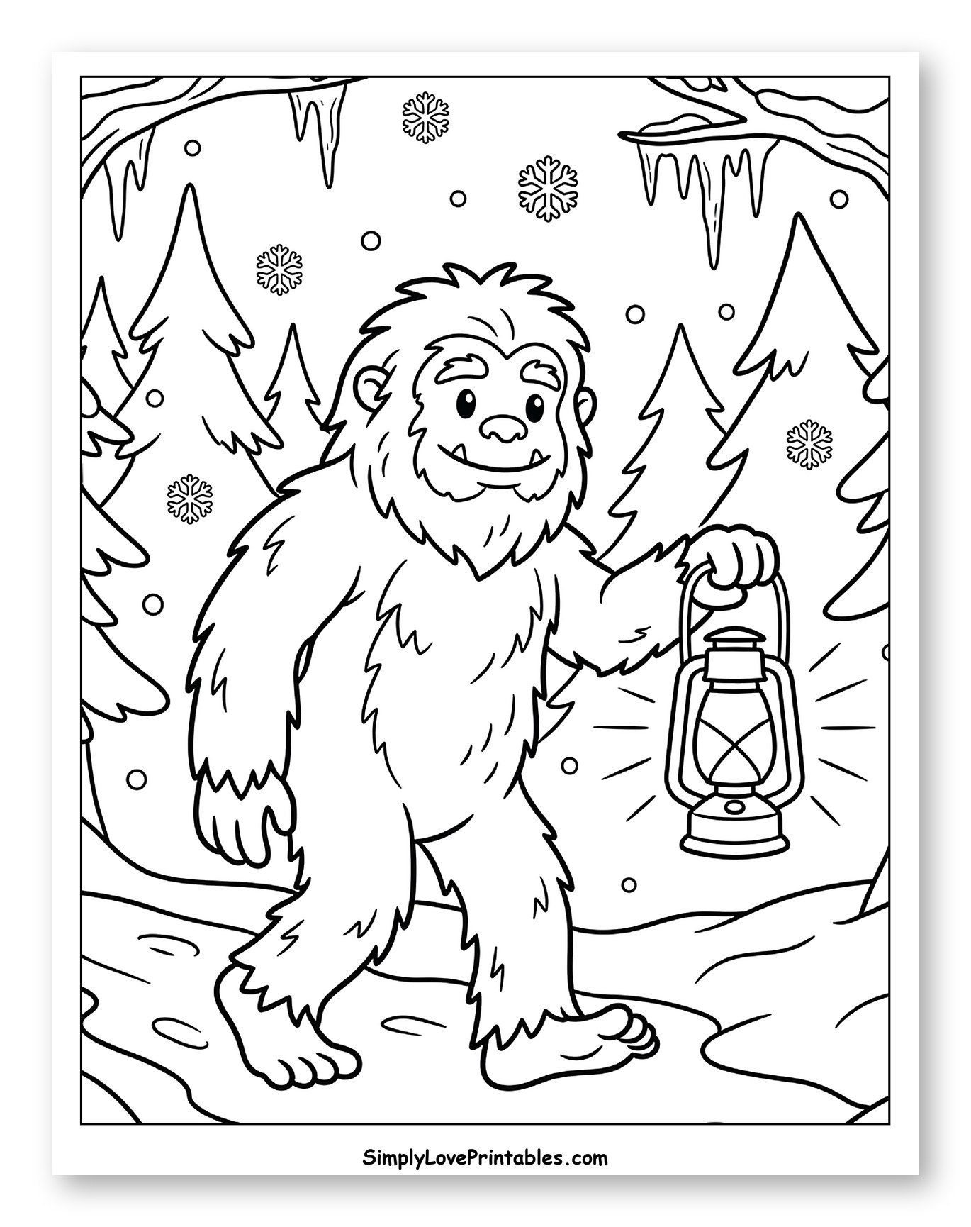 Friendly Yeti Walking in Snowy Forest with Lantern to Color for Kids