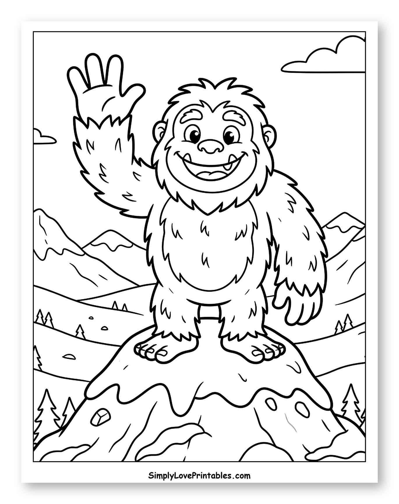 Friendly Yeti Waving on a Snowy Mountain