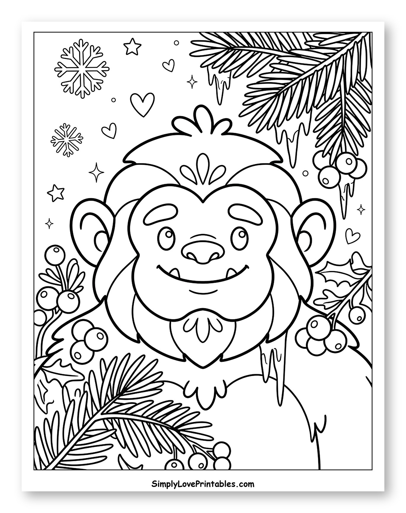 Friendly Yeti with Icicles, Snowflakes, and Berries