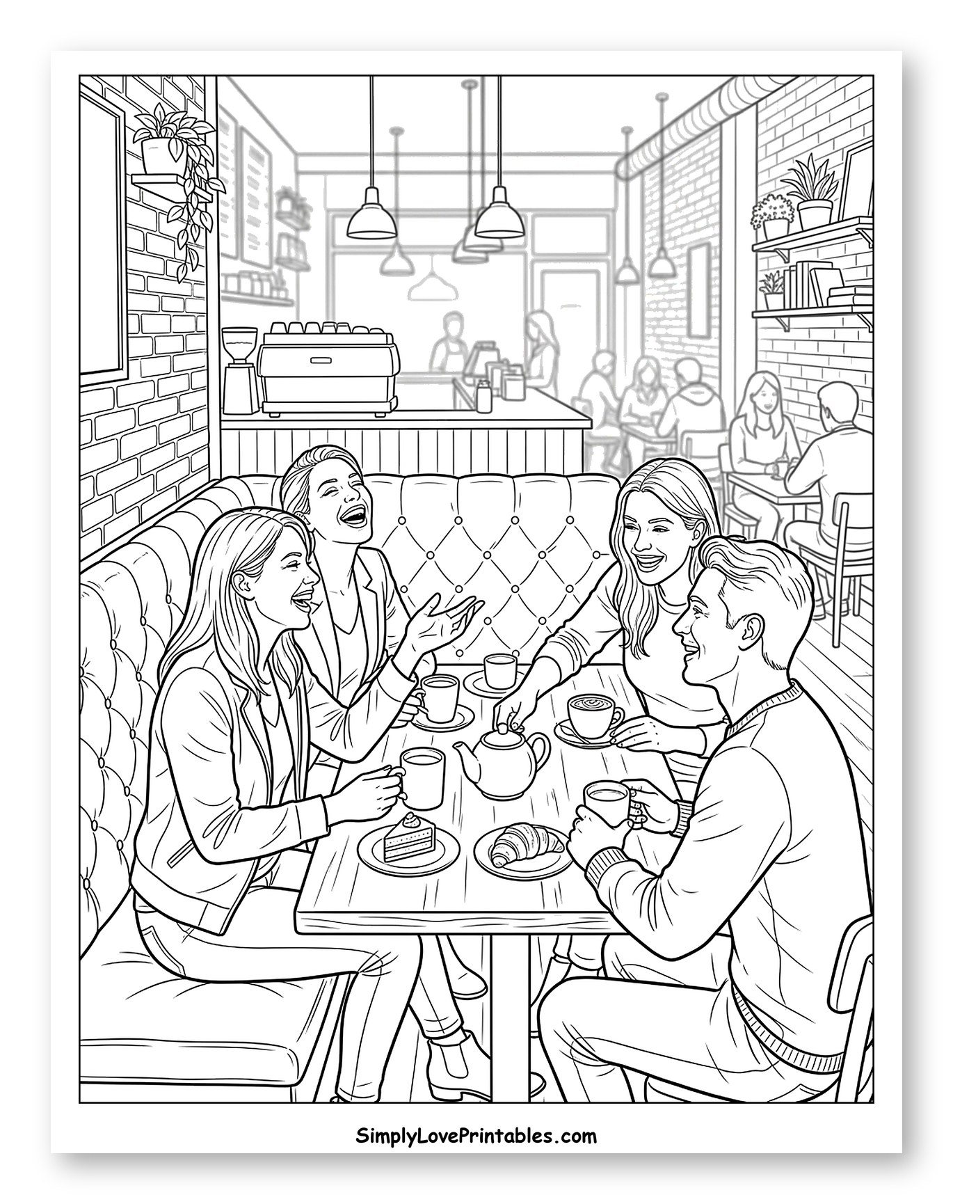 Friends Chatting and Laughing in a Cafe to Color