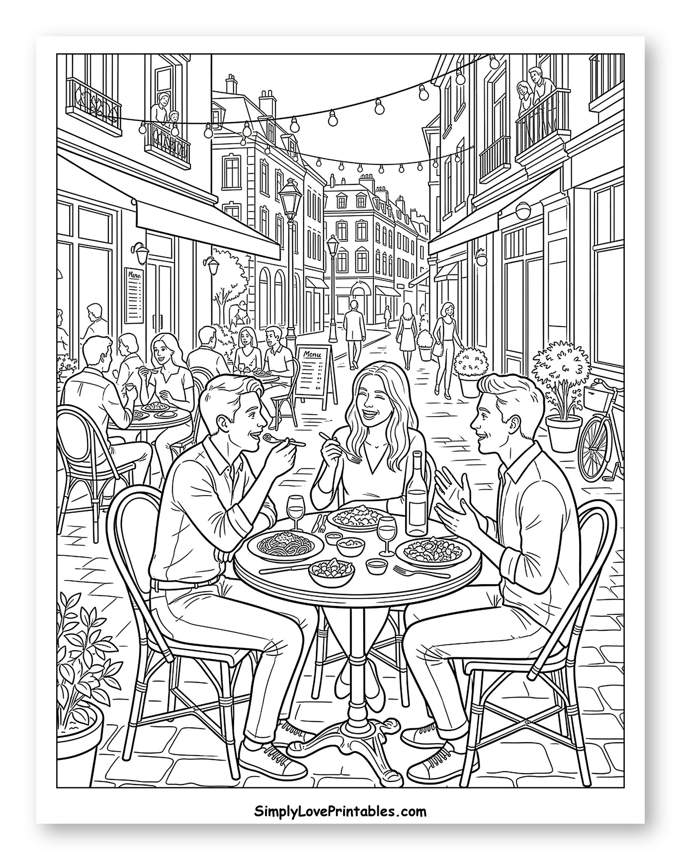 Friends Dining at an Outdoor Cafe to Color