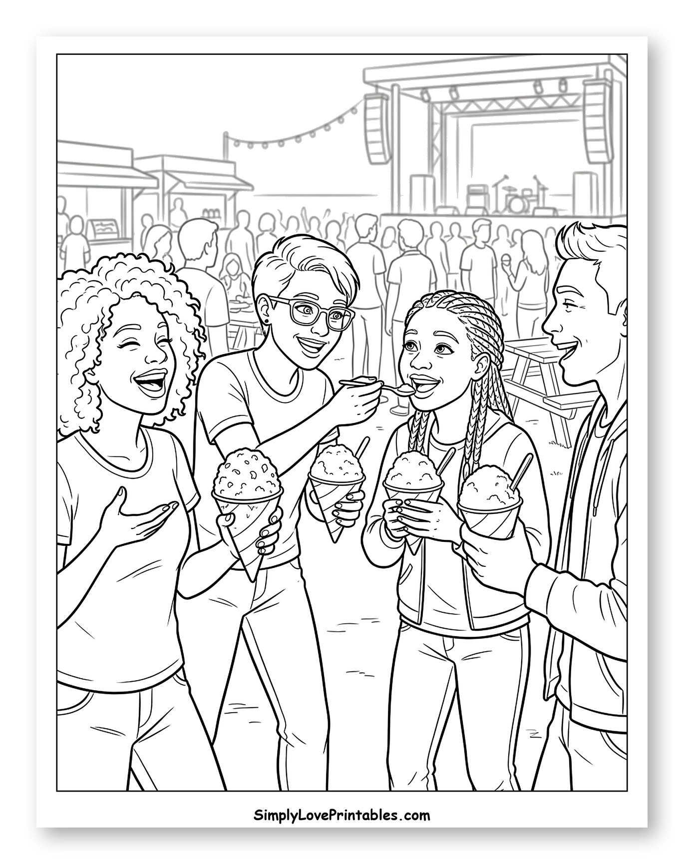 Friends Enjoying Snow Cones at an Outdoor Festival