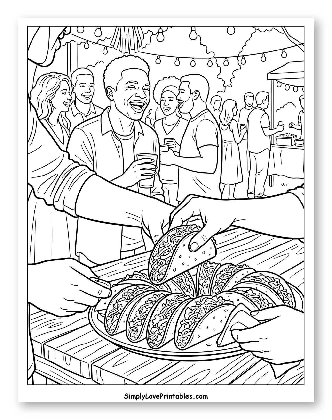 Friends Enjoying Tacos at an Outdoor Party Coloring Page