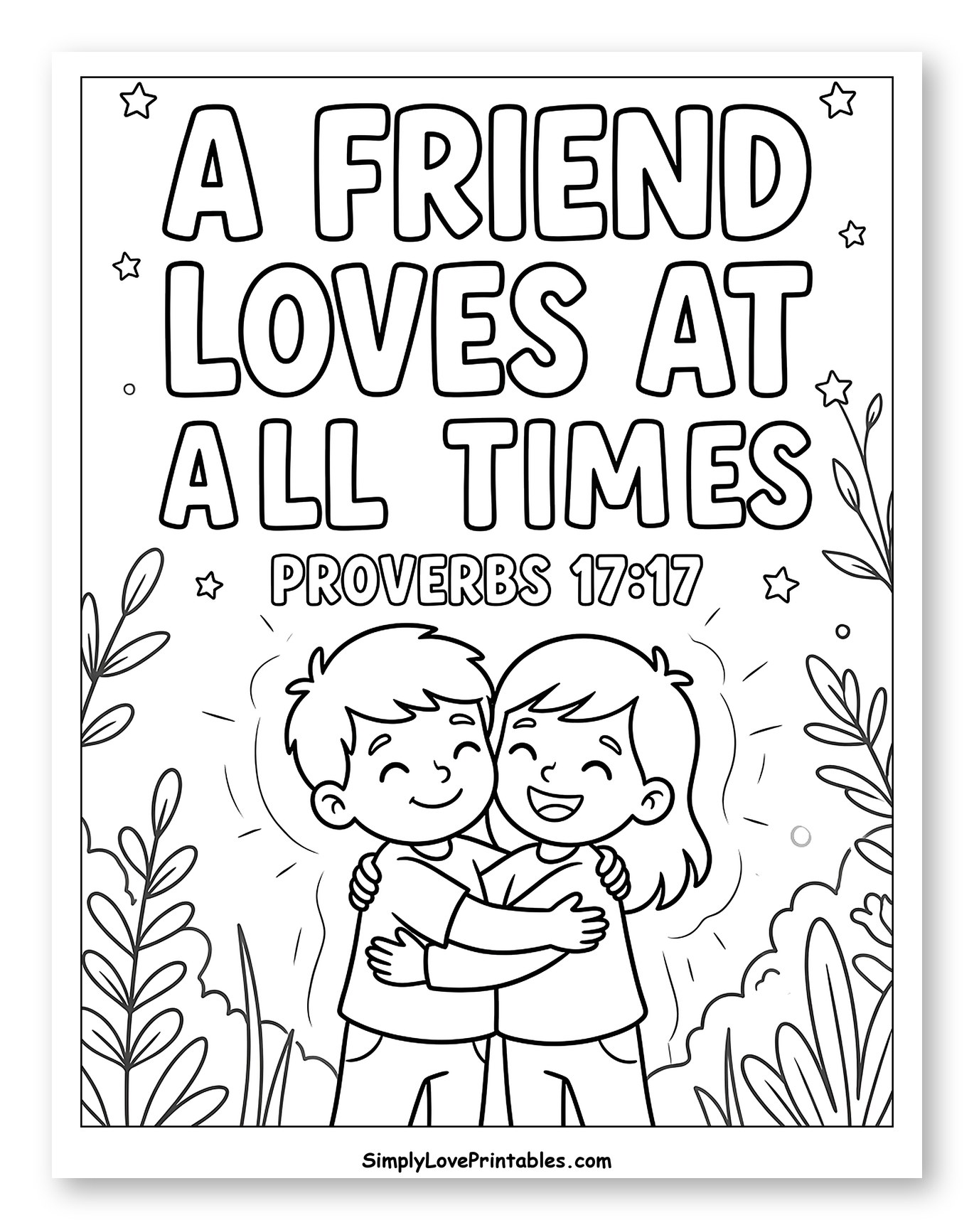 Friends Hugging with Bible Verse Coloring Sheet for Kids