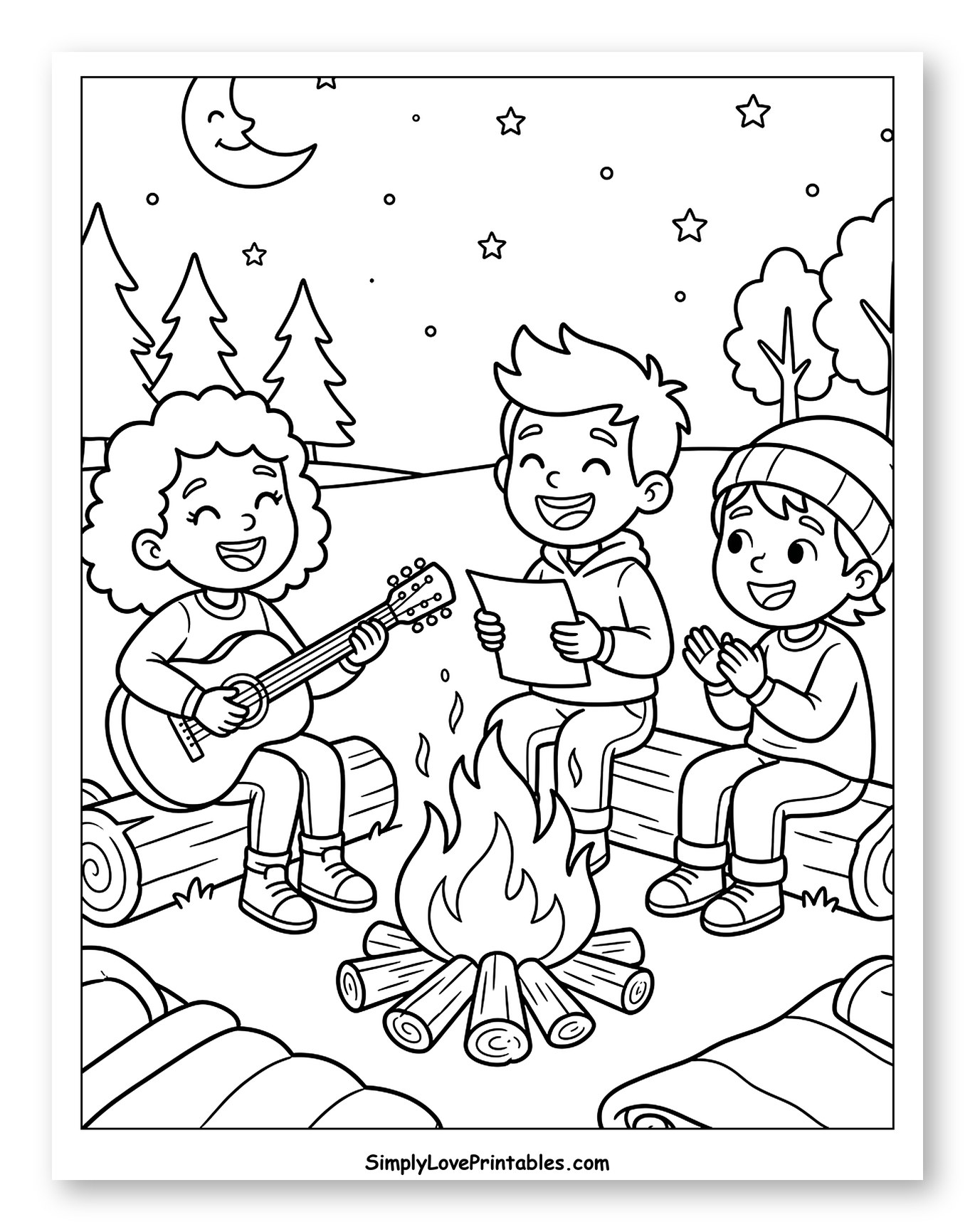 Friends Singing Songs Around a Campfire Coloring Page for Kids
