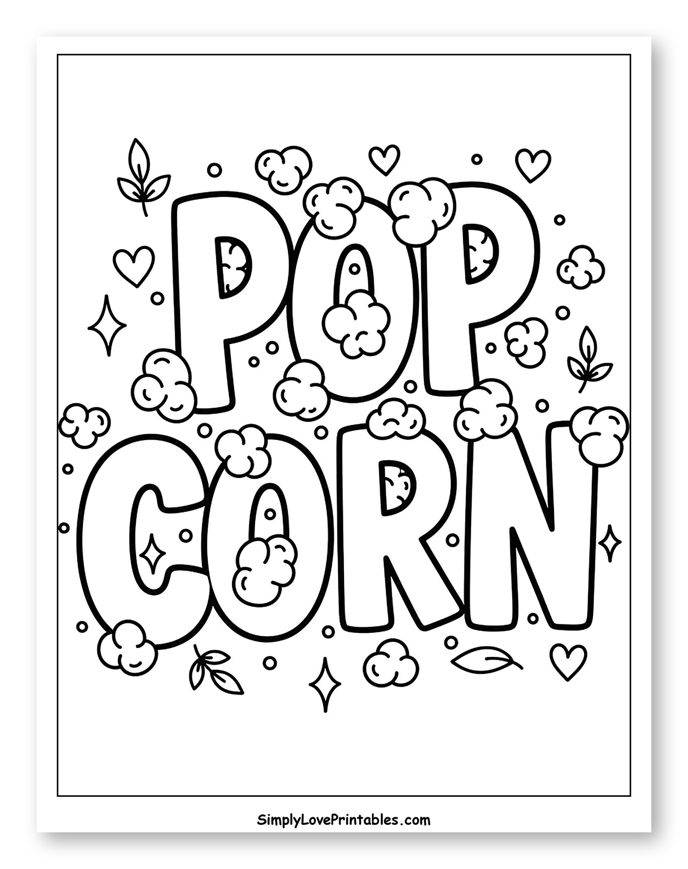 Fun Pop Corn Lettering with Popcorn Clouds Coloring Page for Adults