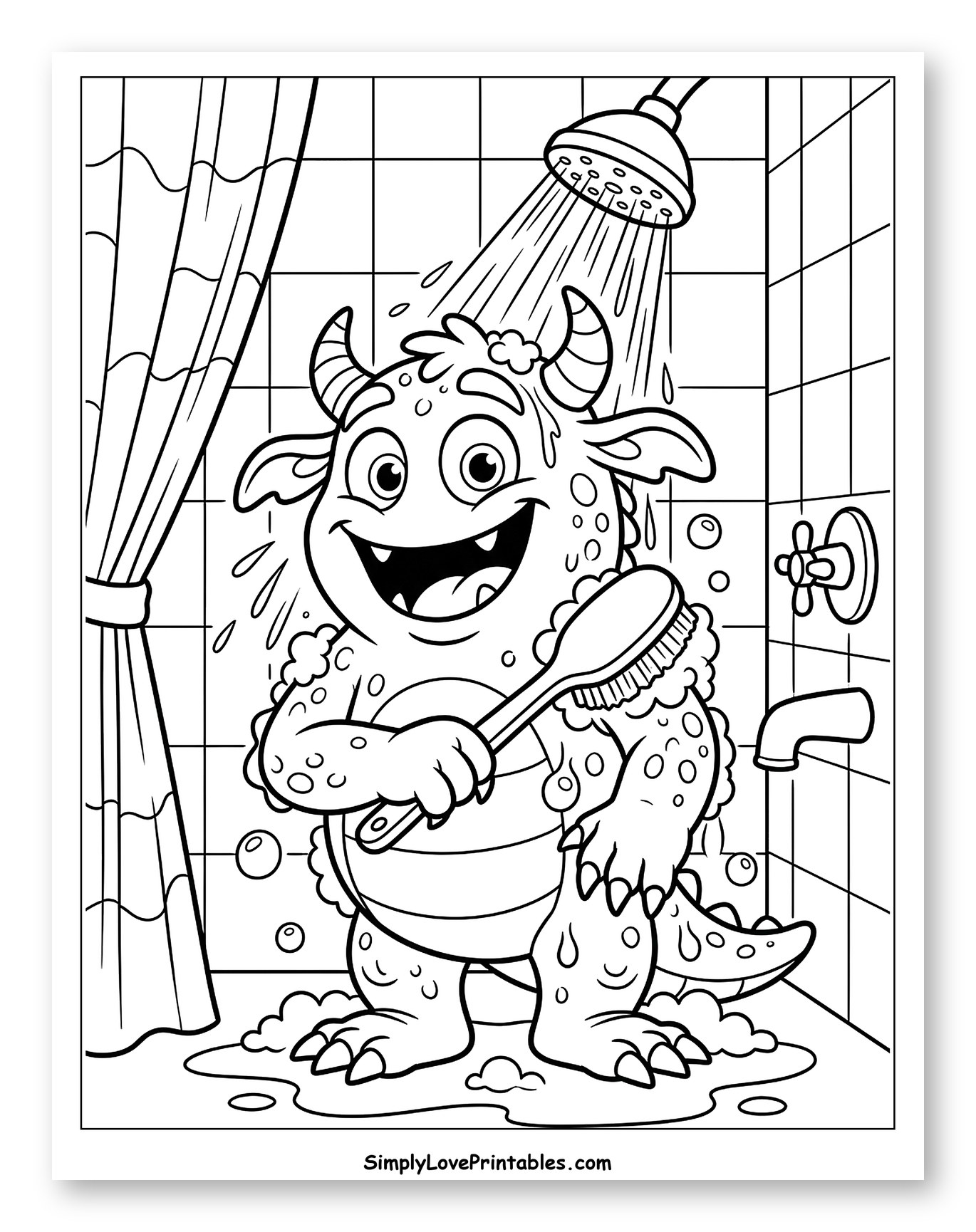 Funny Monster Taking a Bubble Shower Coloring Sheet for Kids