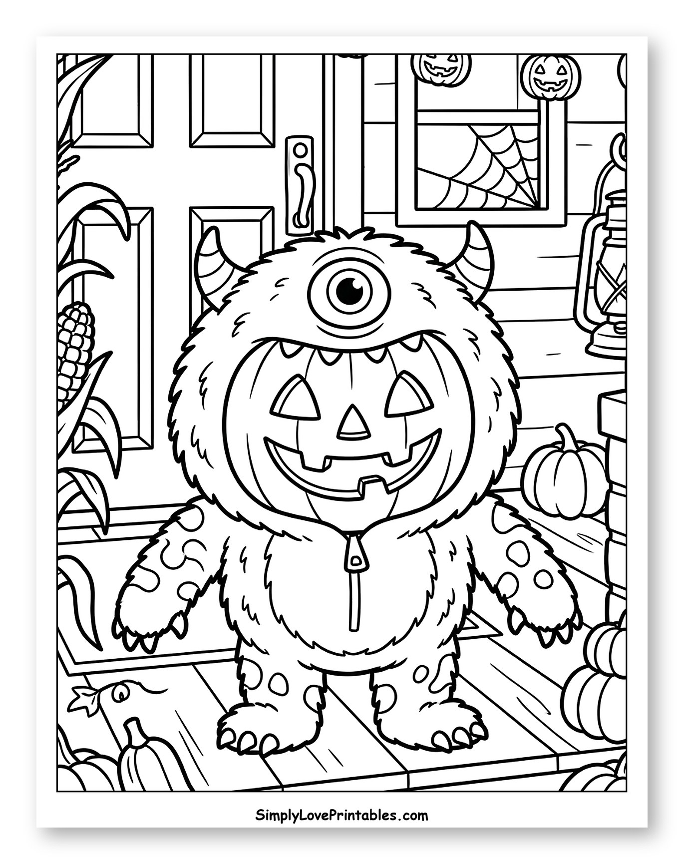 Furry Monster in Jack-o'-Lantern Costume Coloring Page for Kids
