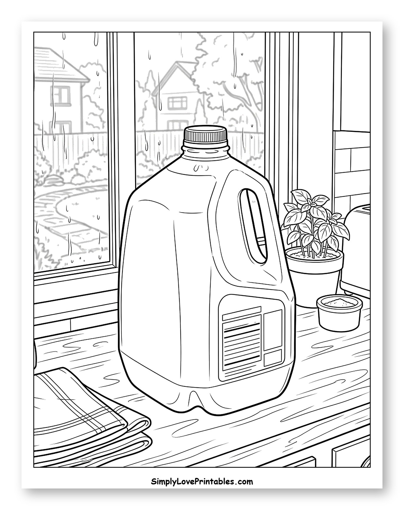 Gallon Milk Jug by a Rainy Window