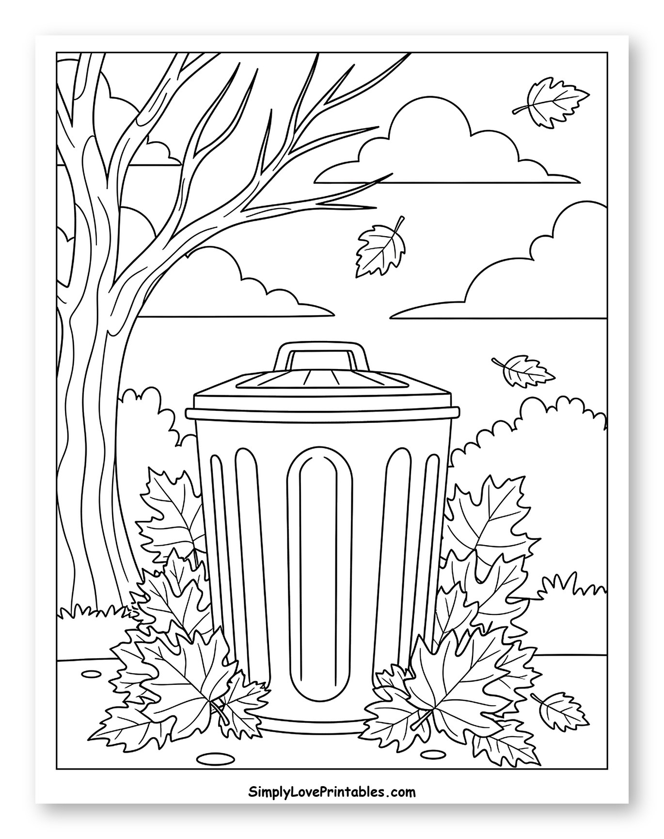 Garbage Can Surrounded by Autumn Leaves Coloring Sheet for Kids