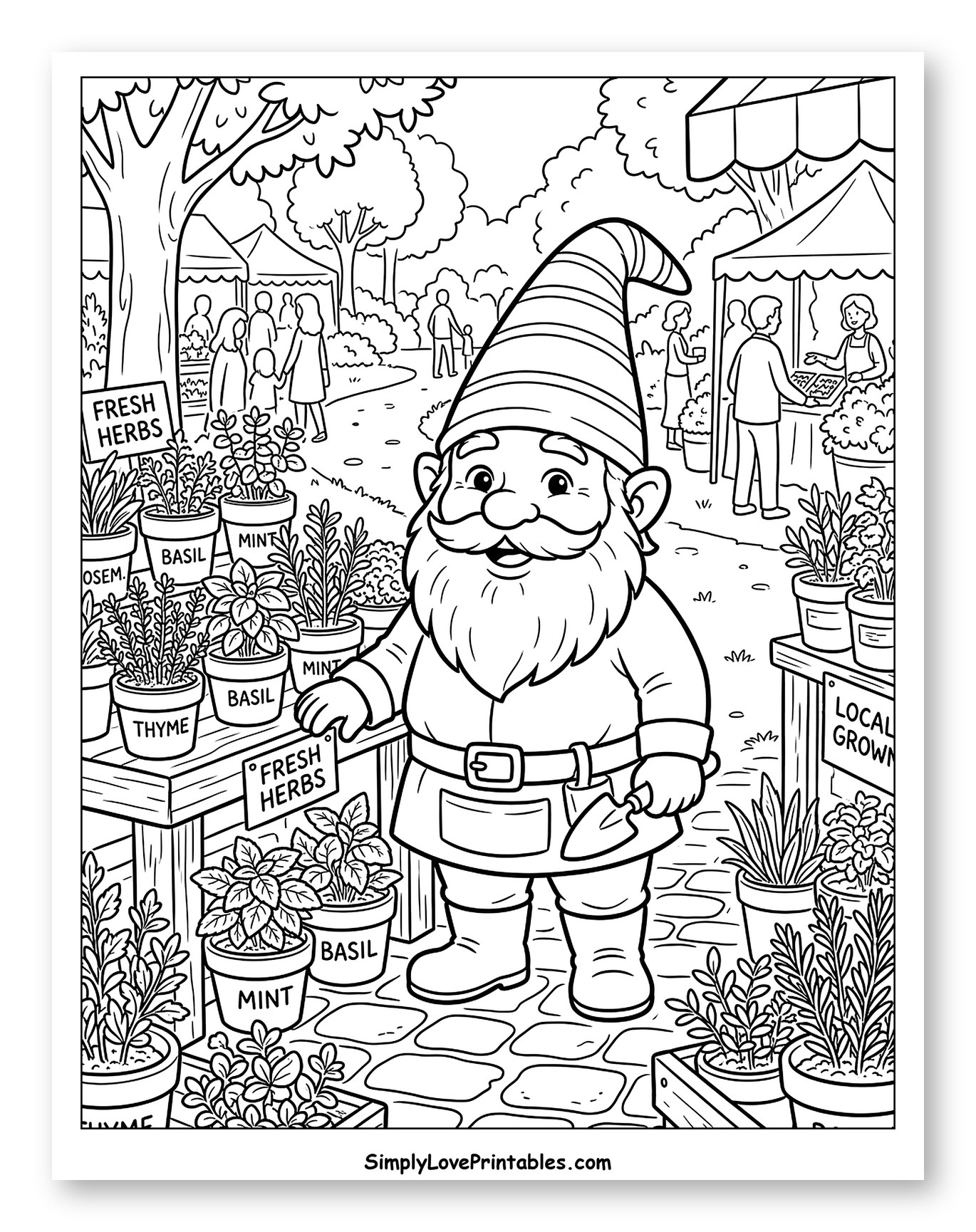 Garden Gnome at a Farmers Market Coloring Page for Kids