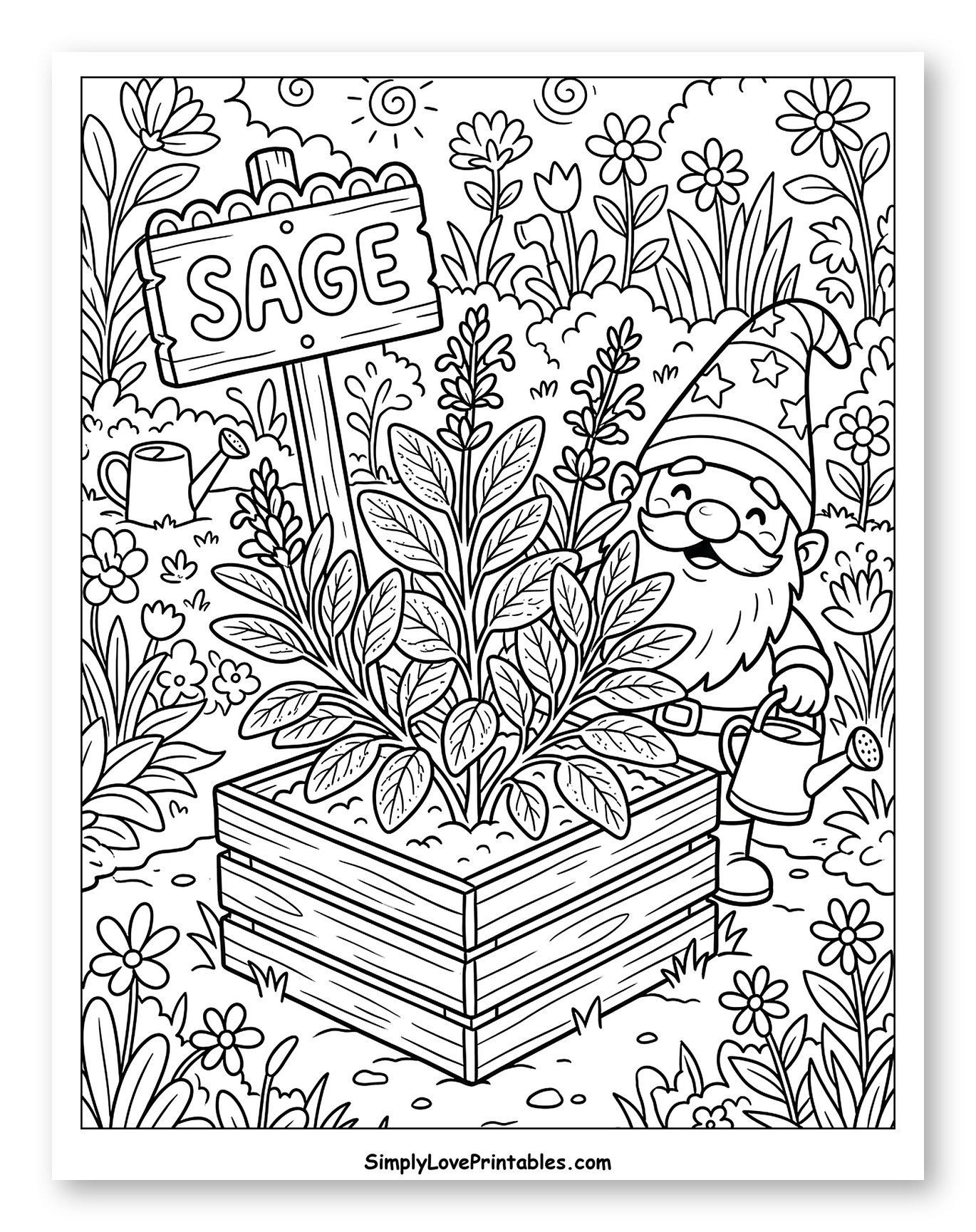 Garden Gnome Tending Sage Herb Bed to Color for Kids
