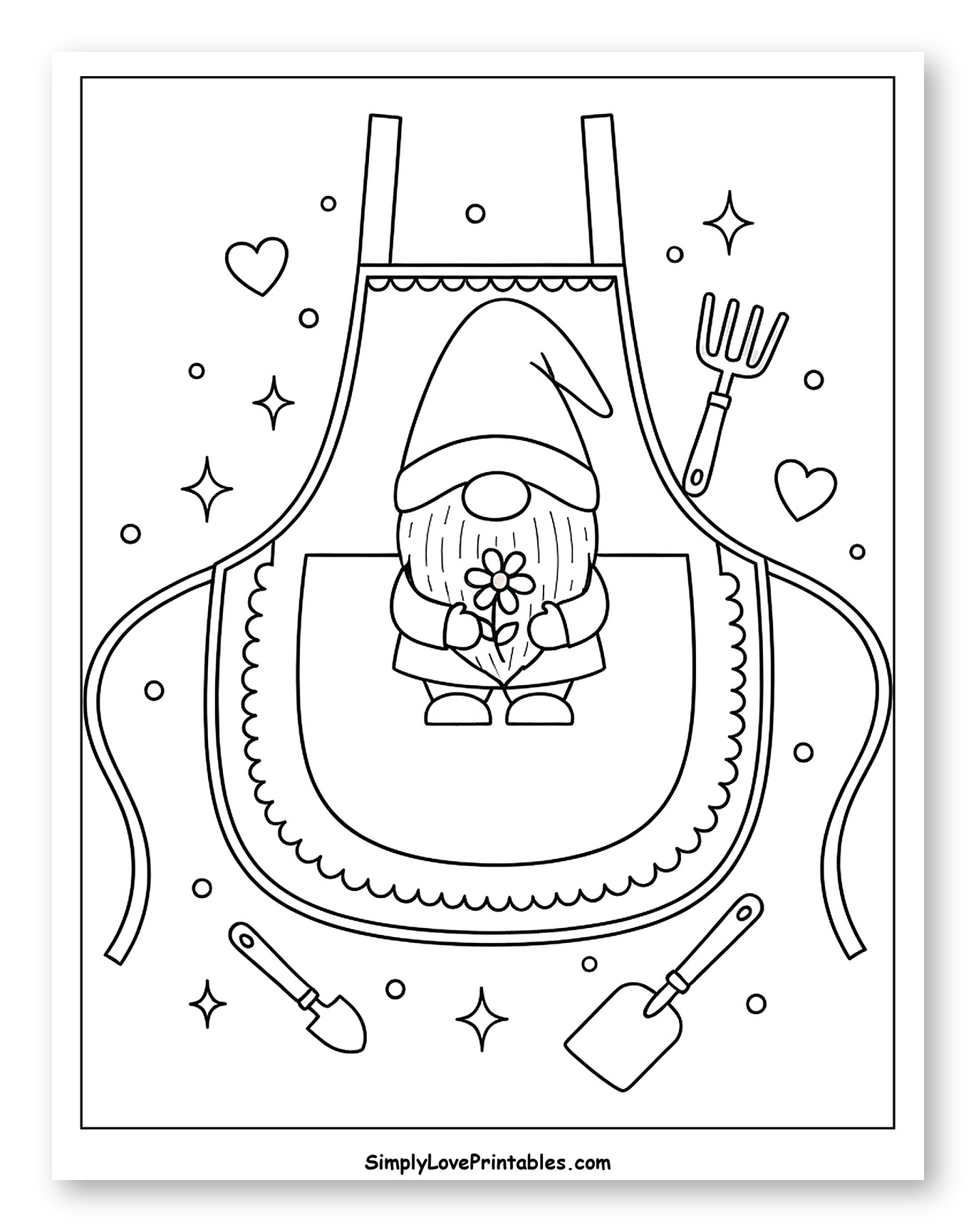 Garden Gnome Wearing Apron Holding Flower to Color for Adults