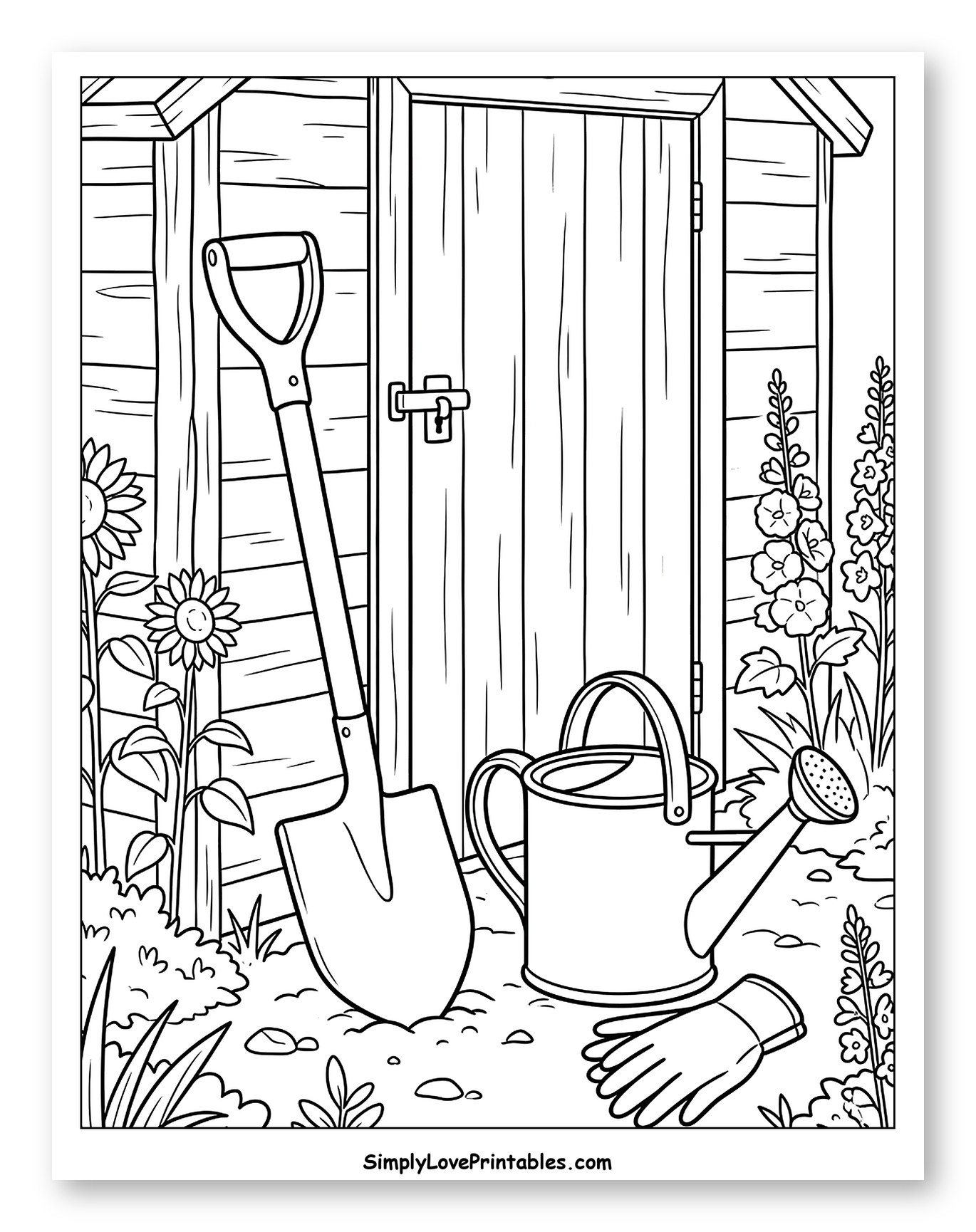 Garden Shed with Shovel and Watering Can Coloring Sheet for Kids