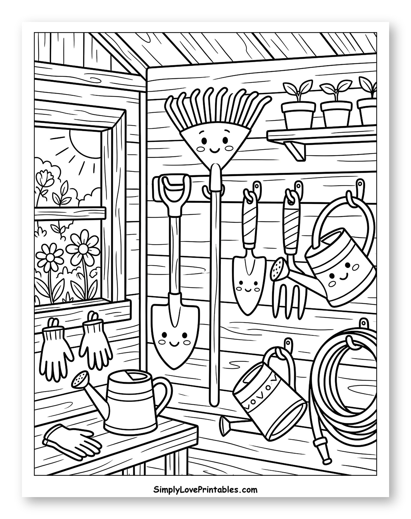 Garden Shed with Smiling Rake and Tools