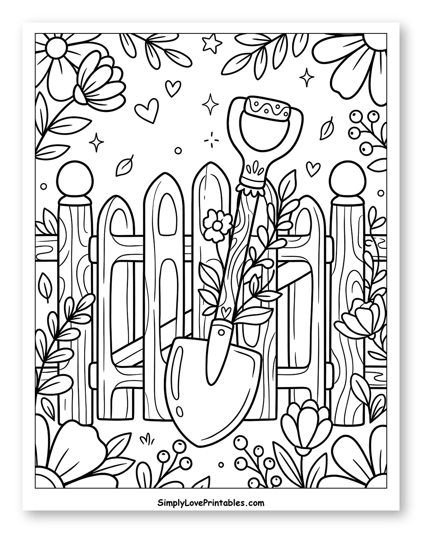 Garden Shovel with Flowers and a Picket Fence Coloring Page for Adults