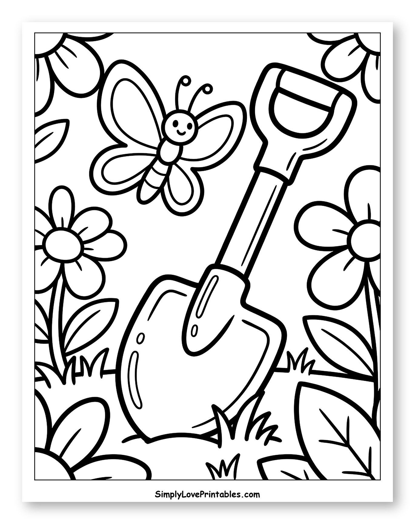 Garden Shovel with Smiling Butterfly and Flowers to Color for Toddlers