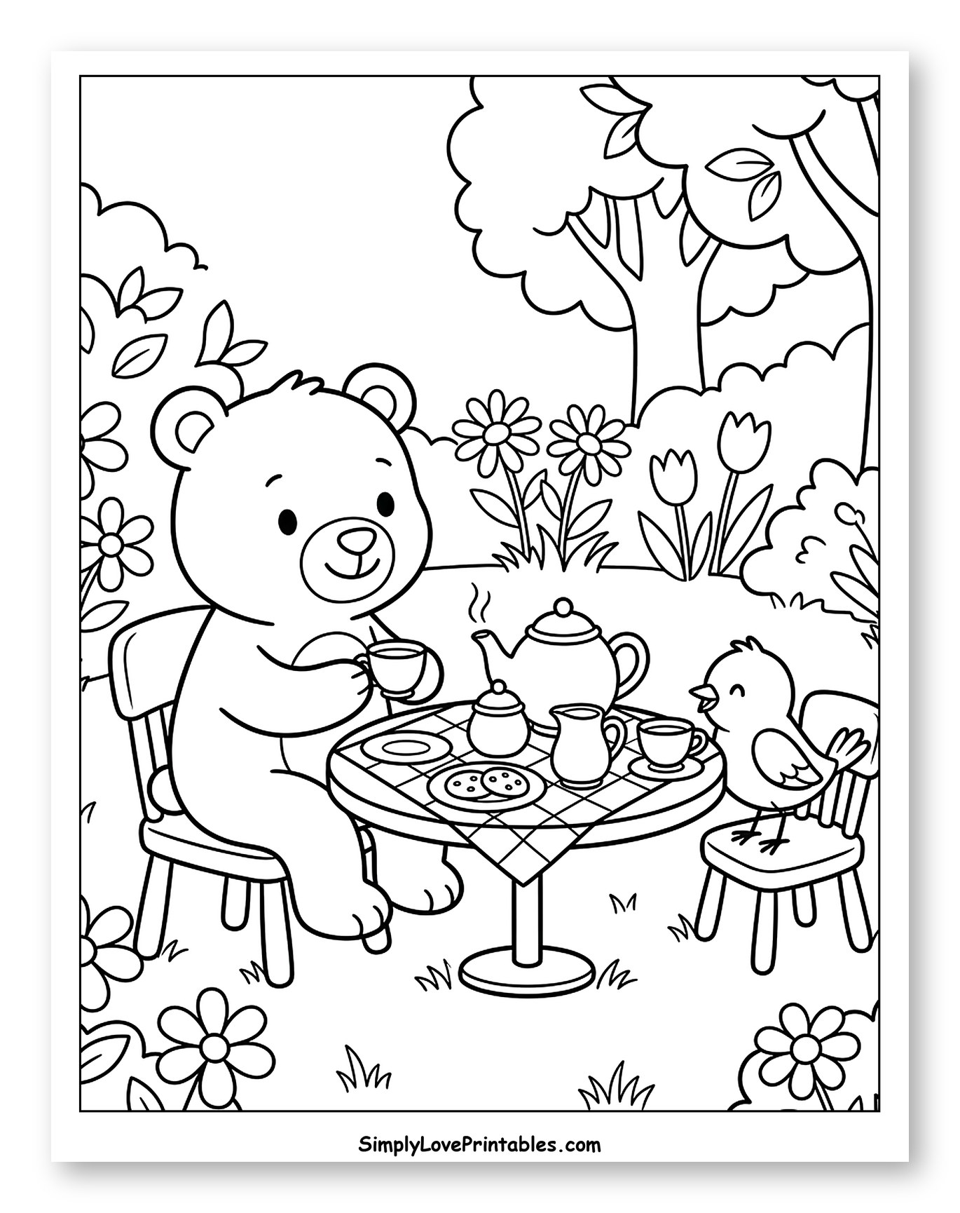 Garden Tea Party with a Bear and Bird Coloring Sheet for Kids