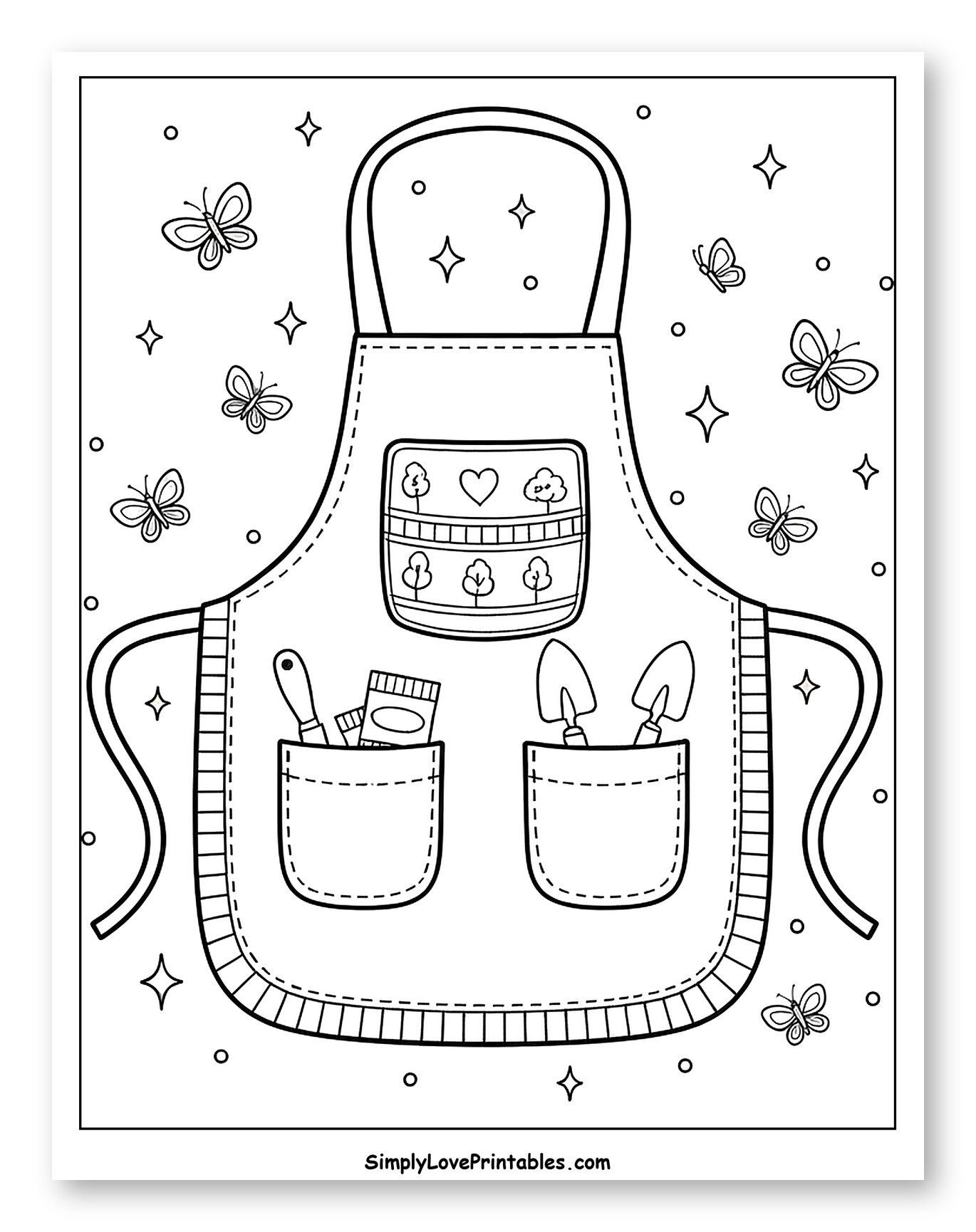 Gardening Apron with Tools and Butterflies Coloring Sheet for Adults