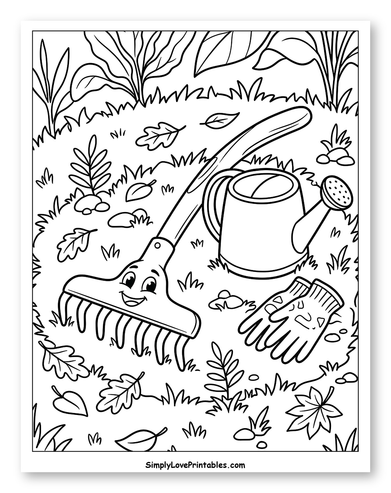 Gardening Tools with Happy Rake and Leaves Coloring Page for Kids