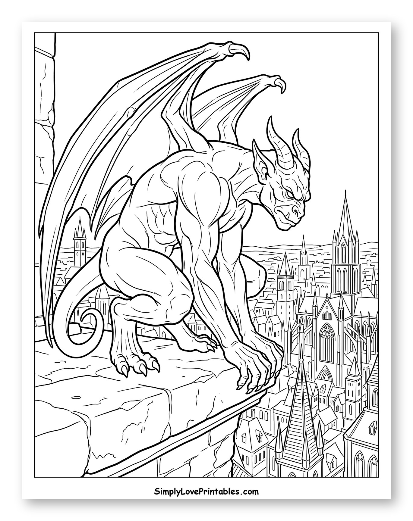 Gargoyle Perched Above a Gothic City Coloring Page